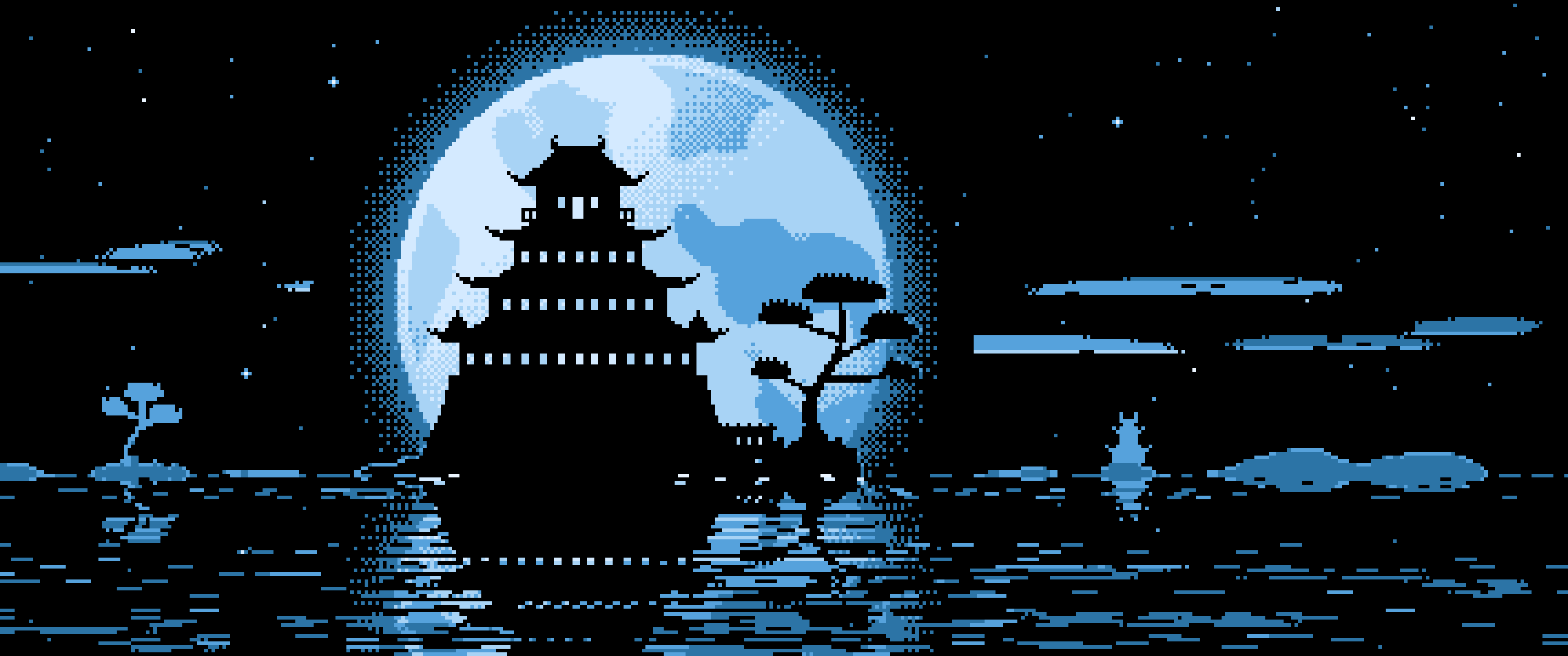 Light Blue Pixel Art Japanese Castle and Full Moon ultrawide wallpaper, 3440 × 1440