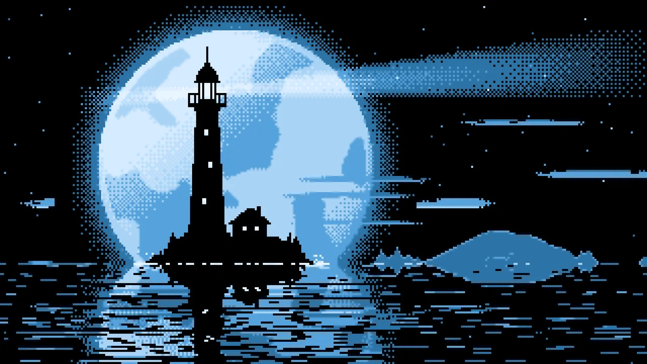 Light Blue Pixel Art Lighthouse and Full Moon desktop wallpaper in 4K