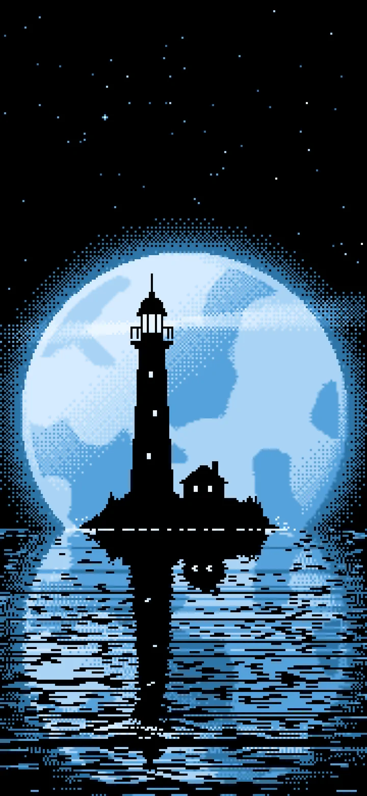 Light Blue Pixel Art Lighthouse and Full Moon wallpaper for iPhone and Android