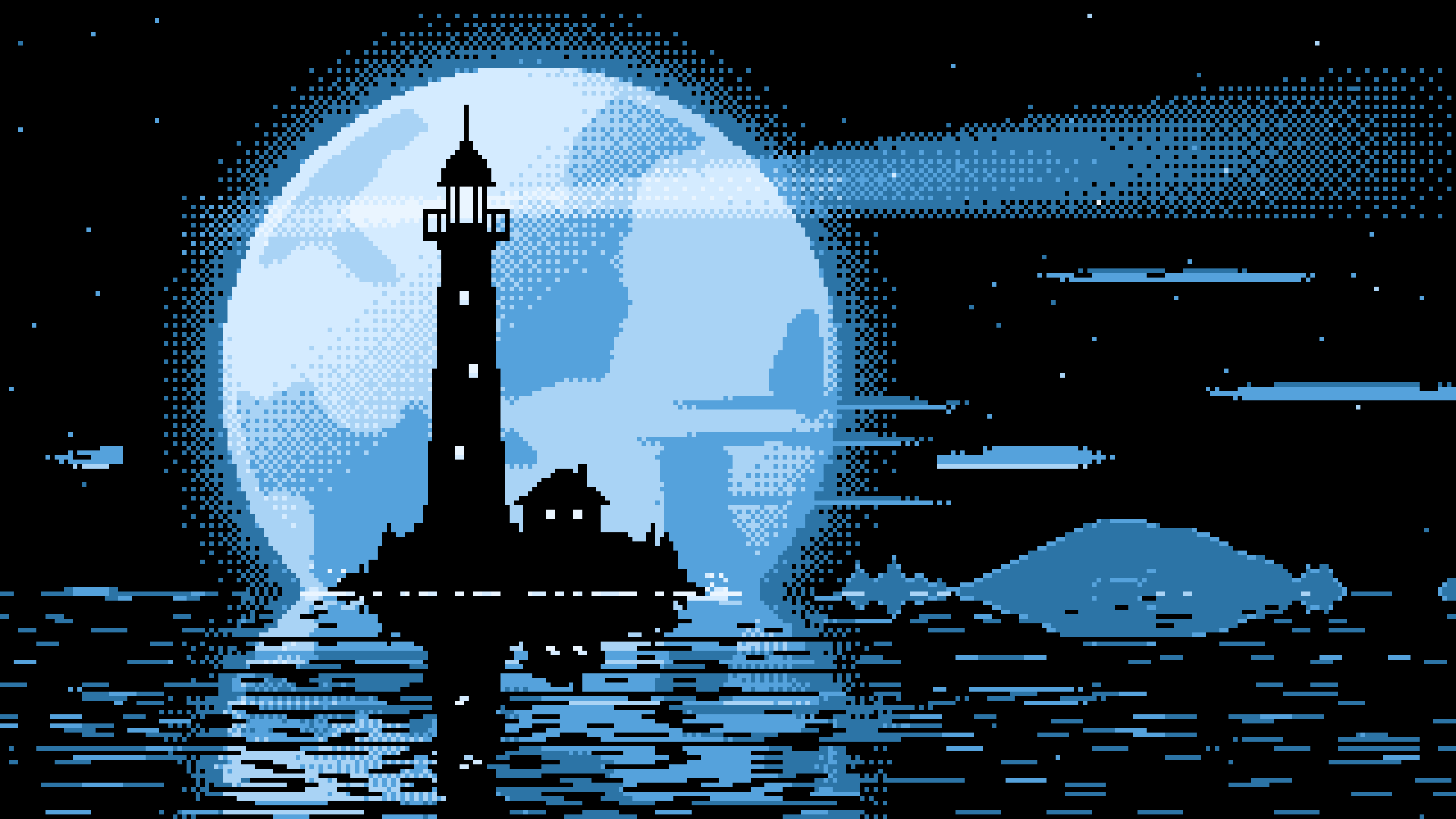 Light Blue Pixel Art Lighthouse and Full Moon desktop wallpaper in 4K