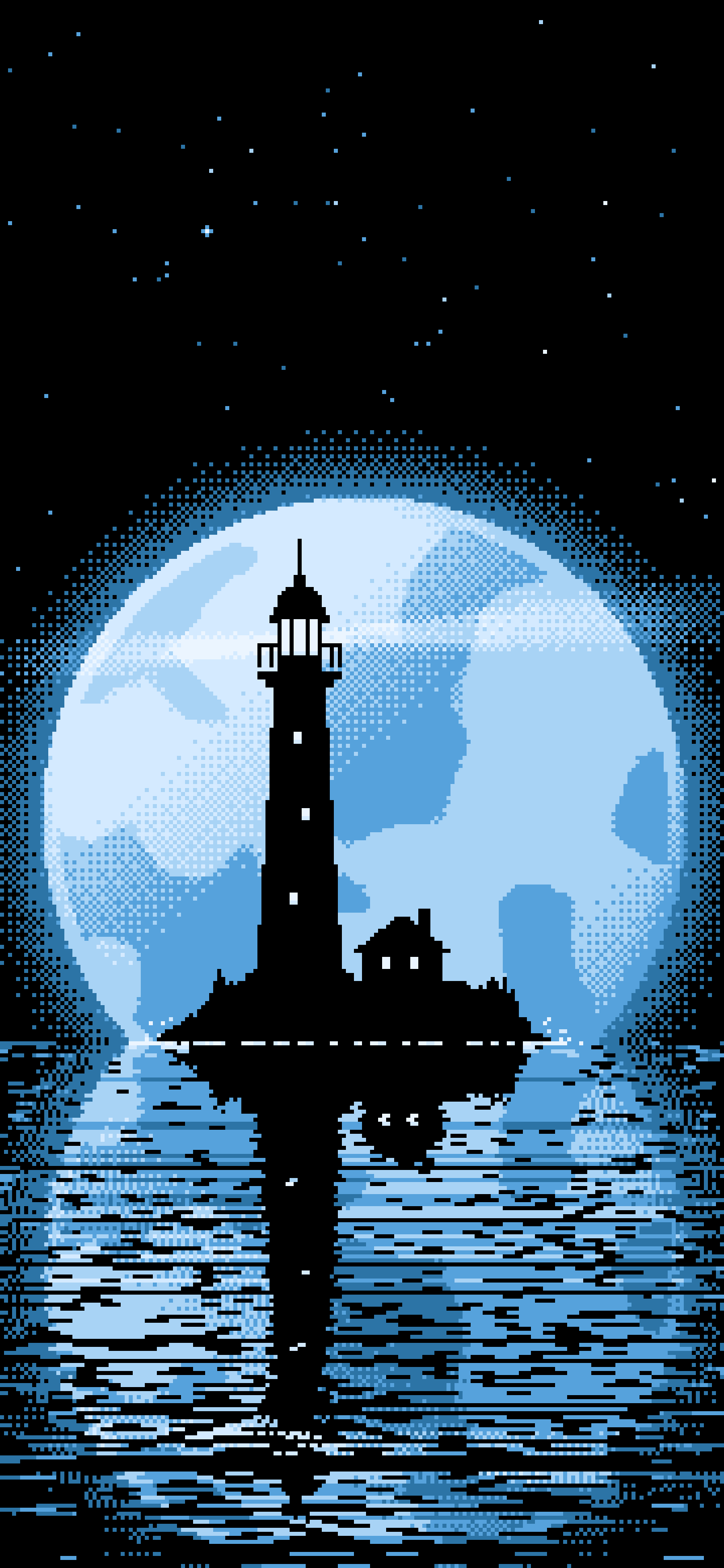 Light Blue Pixel Art Lighthouse and Full Moon wallpaper for iPhone and Android