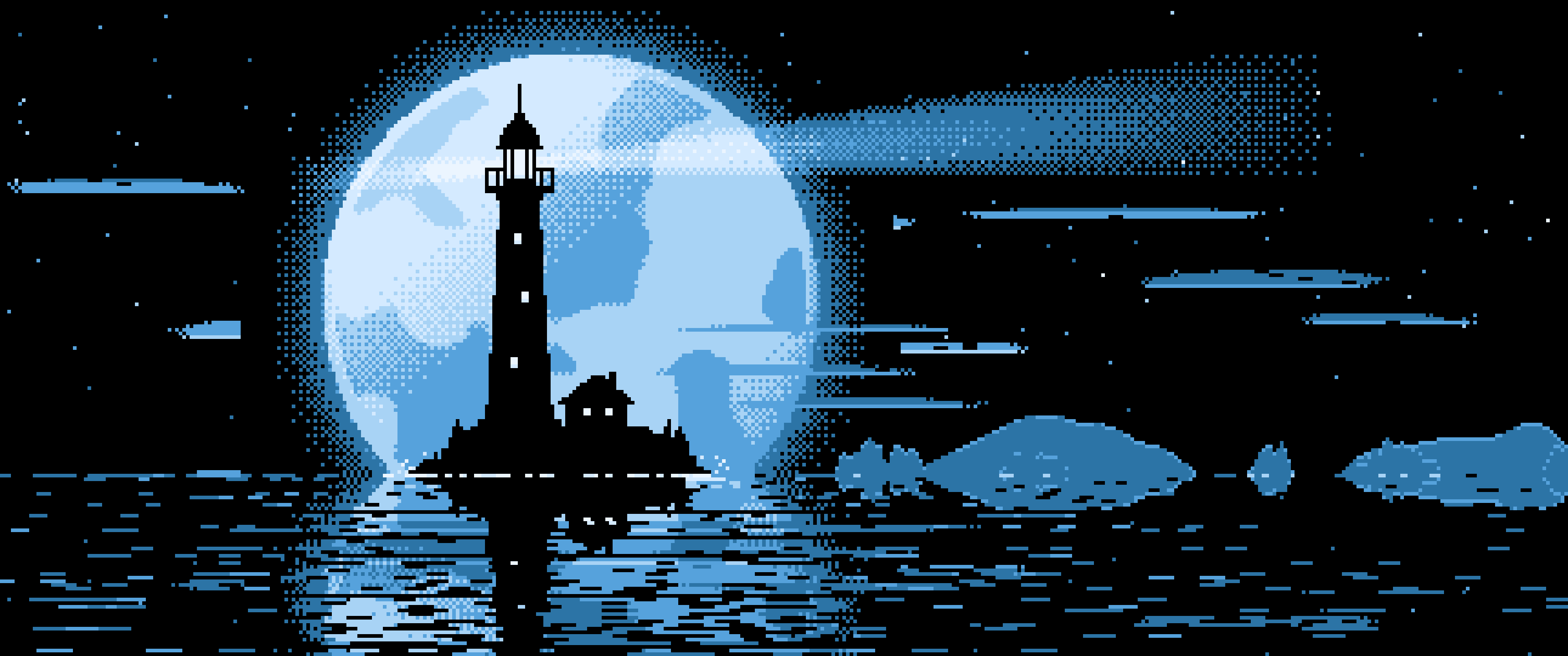 Light Blue Pixel Art Lighthouse and Full Moon ultrawide wallpaper, 3440 × 1440