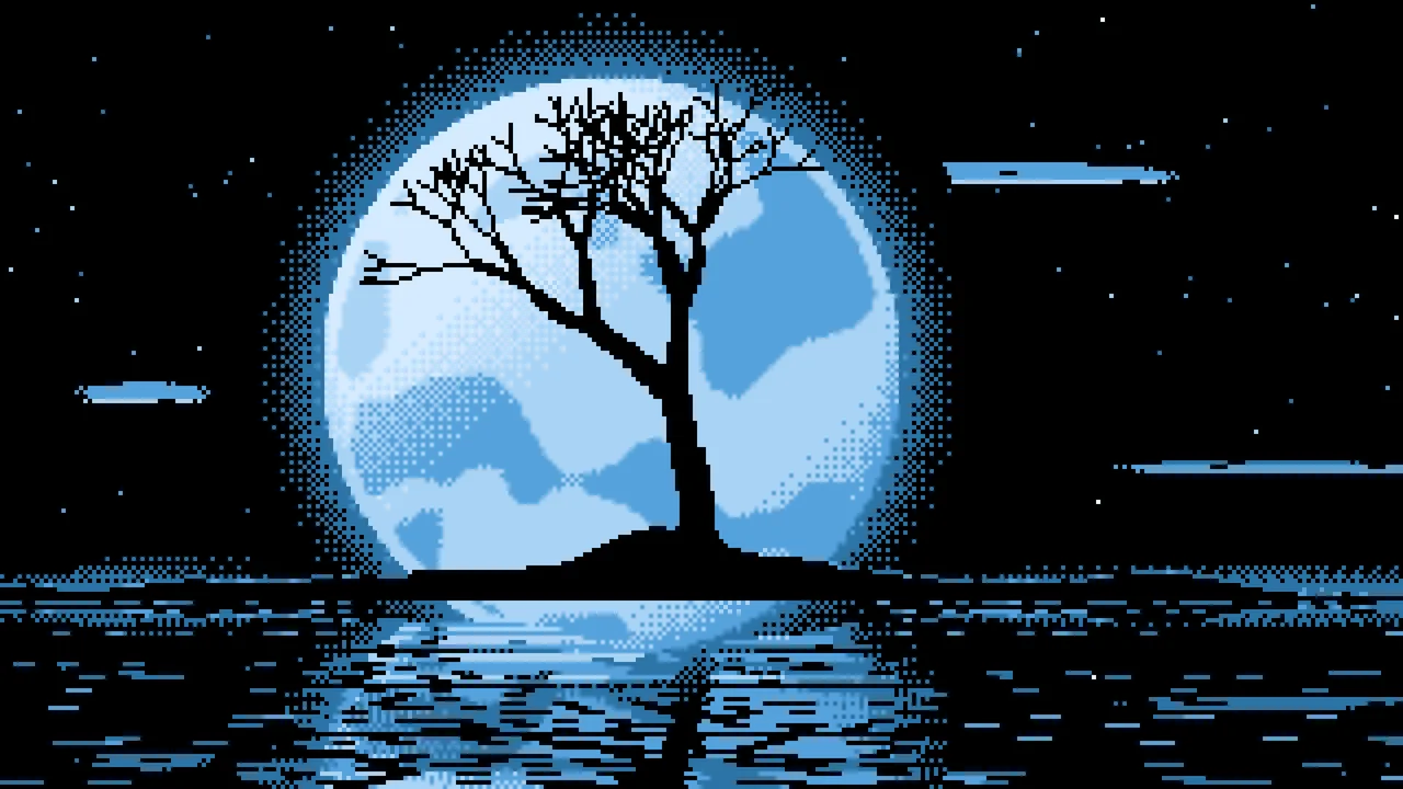 Light Blue Pixel Art Lone Tree and Full Moon desktop wallpaper in 4K