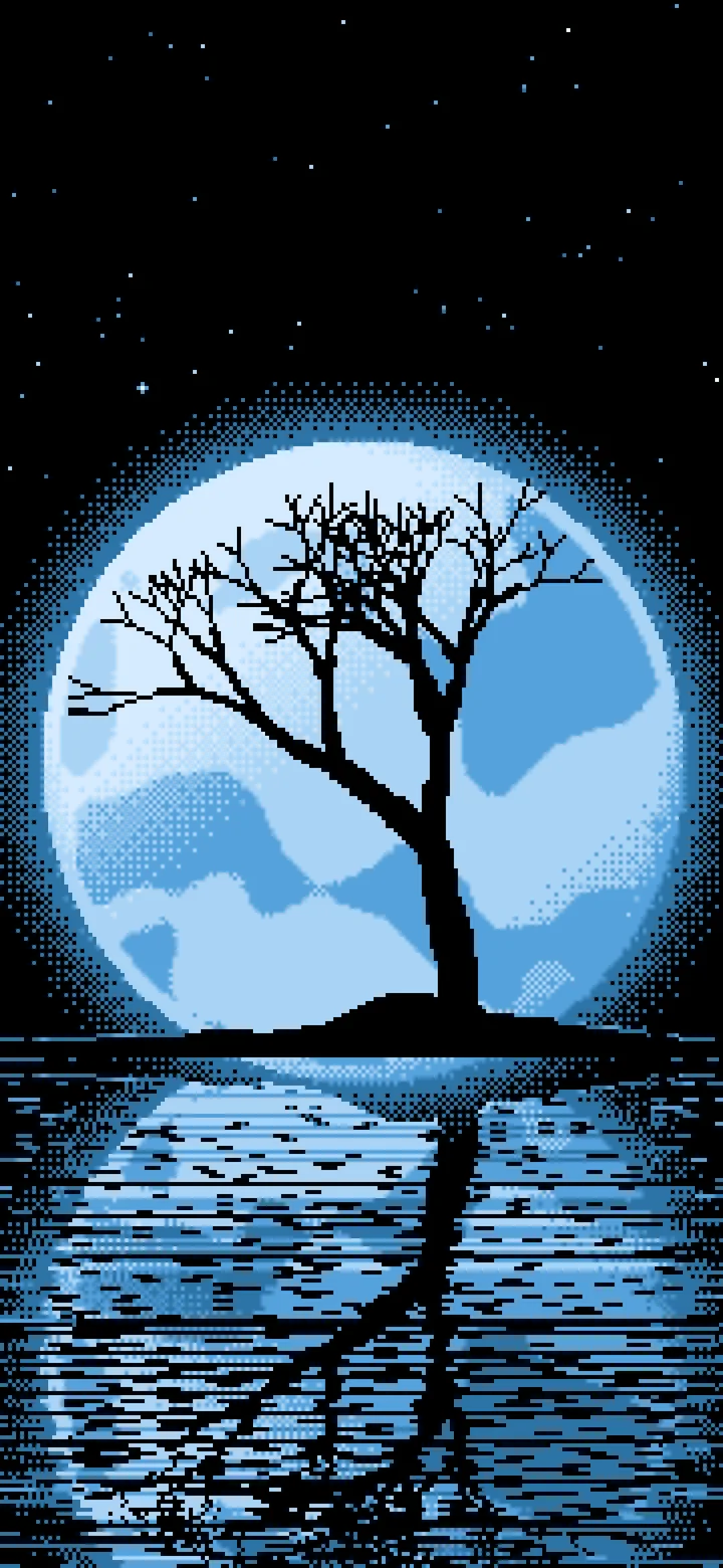 Light Blue Pixel Art Lone Tree and Full Moon wallpaper for iPhone and Android