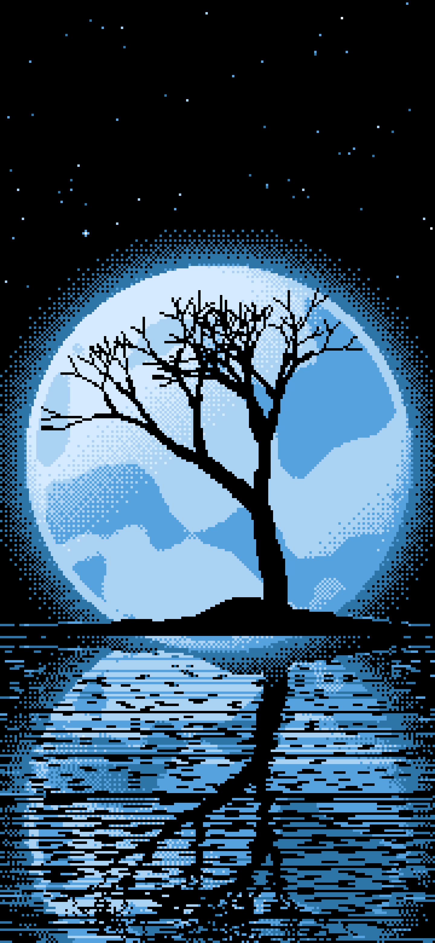 Light Blue Pixel Art Lone Tree and Full Moon wallpaper for iPhone and Android