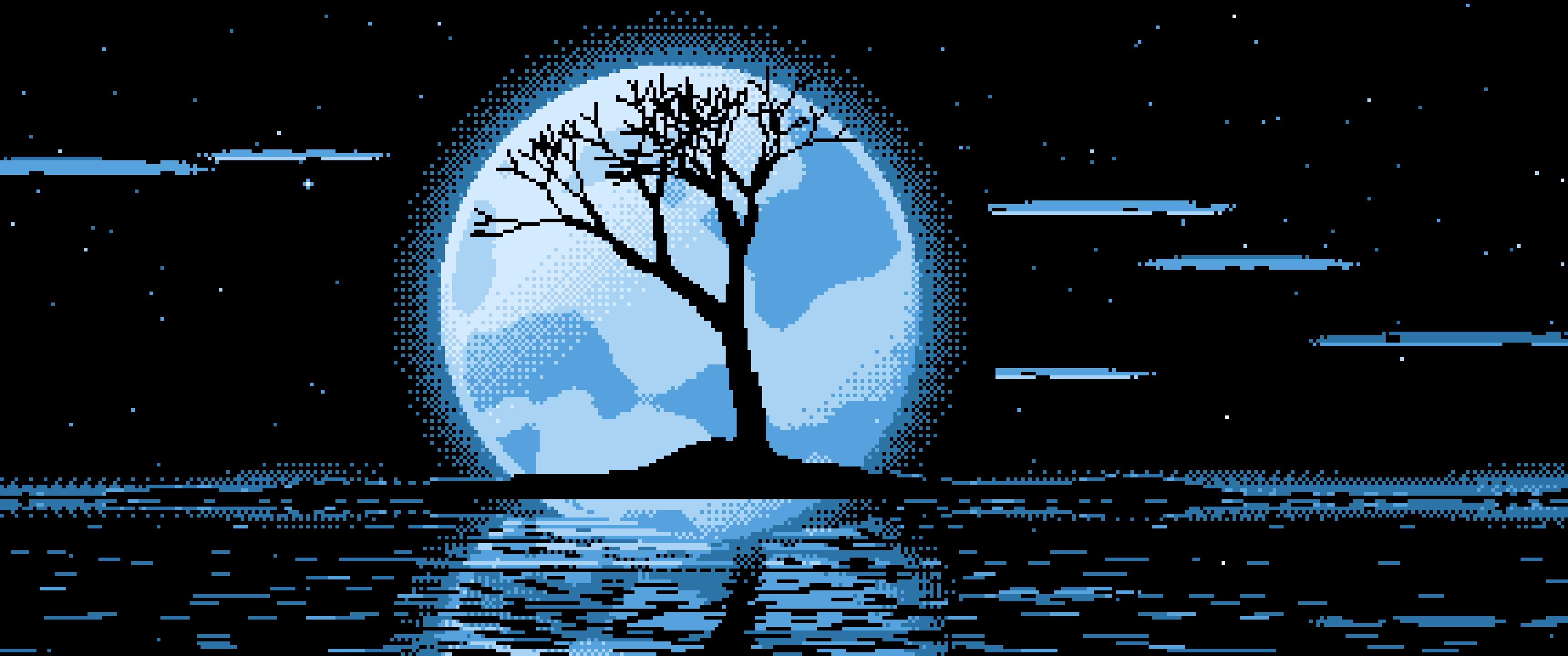Light Blue Pixel Art Lone Tree and Full Moon ultrawide wallpaper, 3440 × 1440