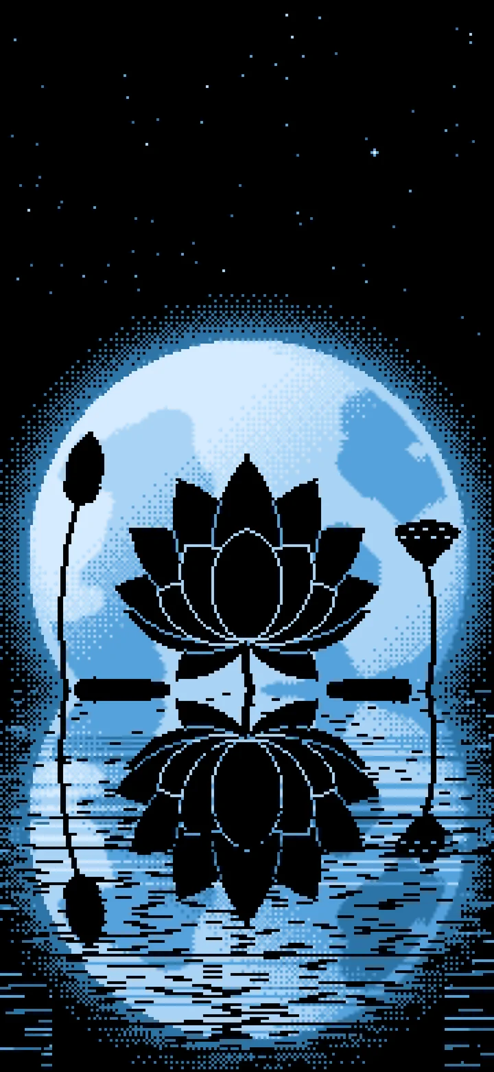 Light Blue Pixel Art Lotus Flower and Full Moon wallpaper for iPhone and Android