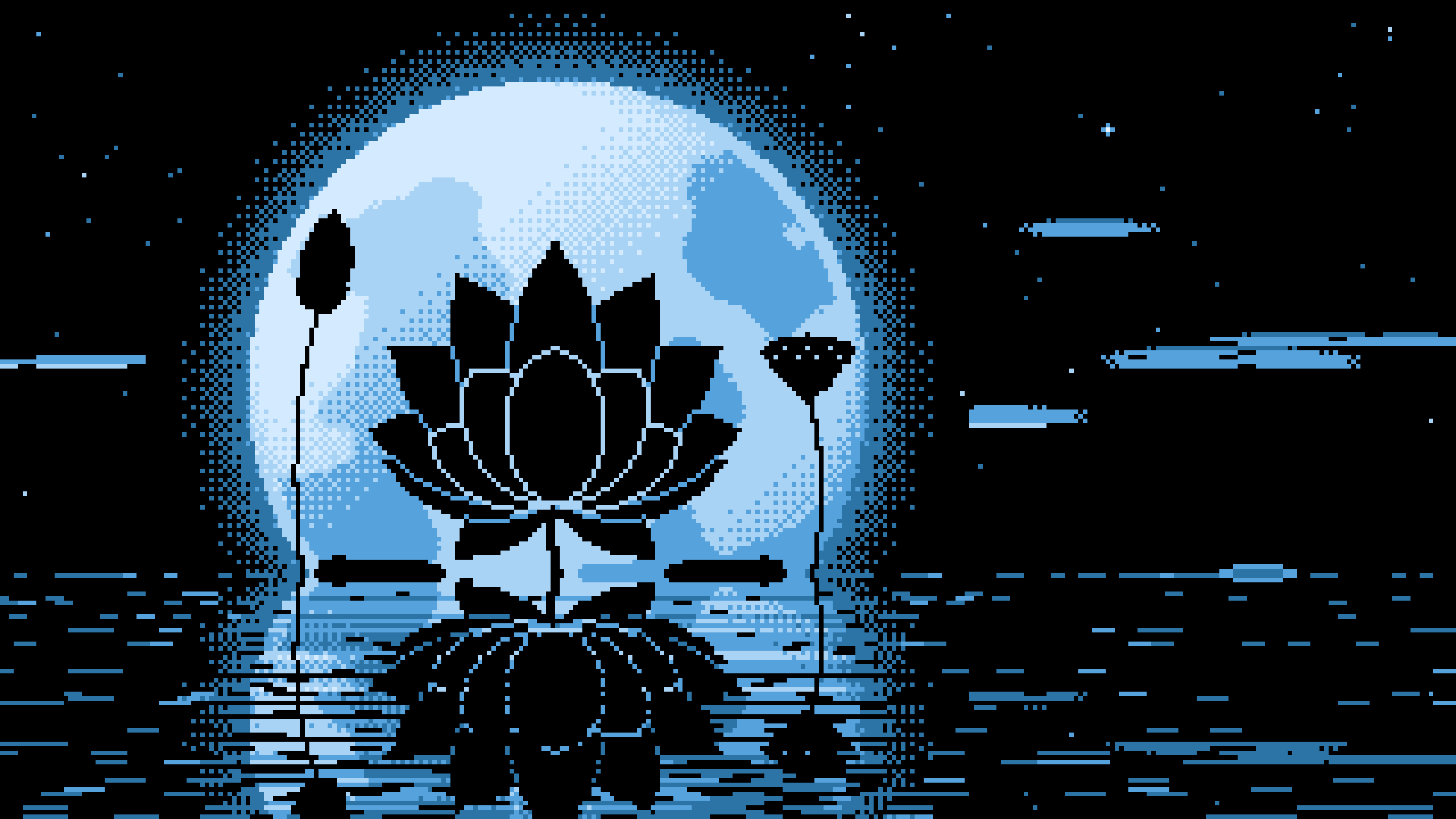 Light Blue Pixel Art Lotus Flower and Full Moon desktop wallpaper in 4K