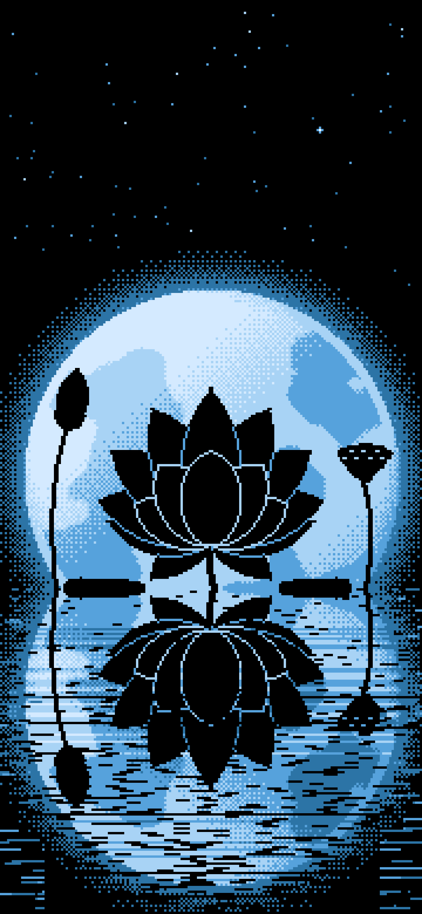 Light Blue Pixel Art Lotus Flower and Full Moon wallpaper for iPhone and Android