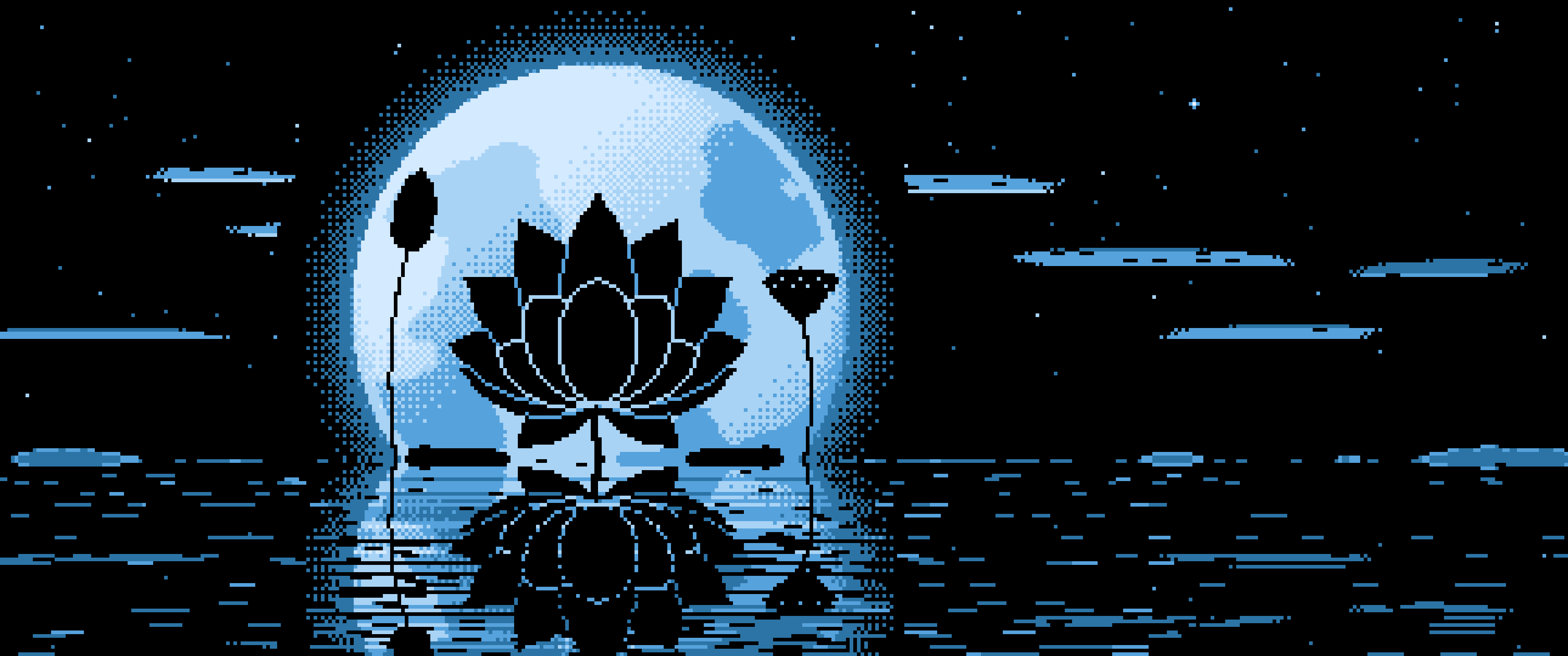 Light Blue Pixel Art Lotus Flower and Full Moon ultrawide wallpaper, 3440 × 1440