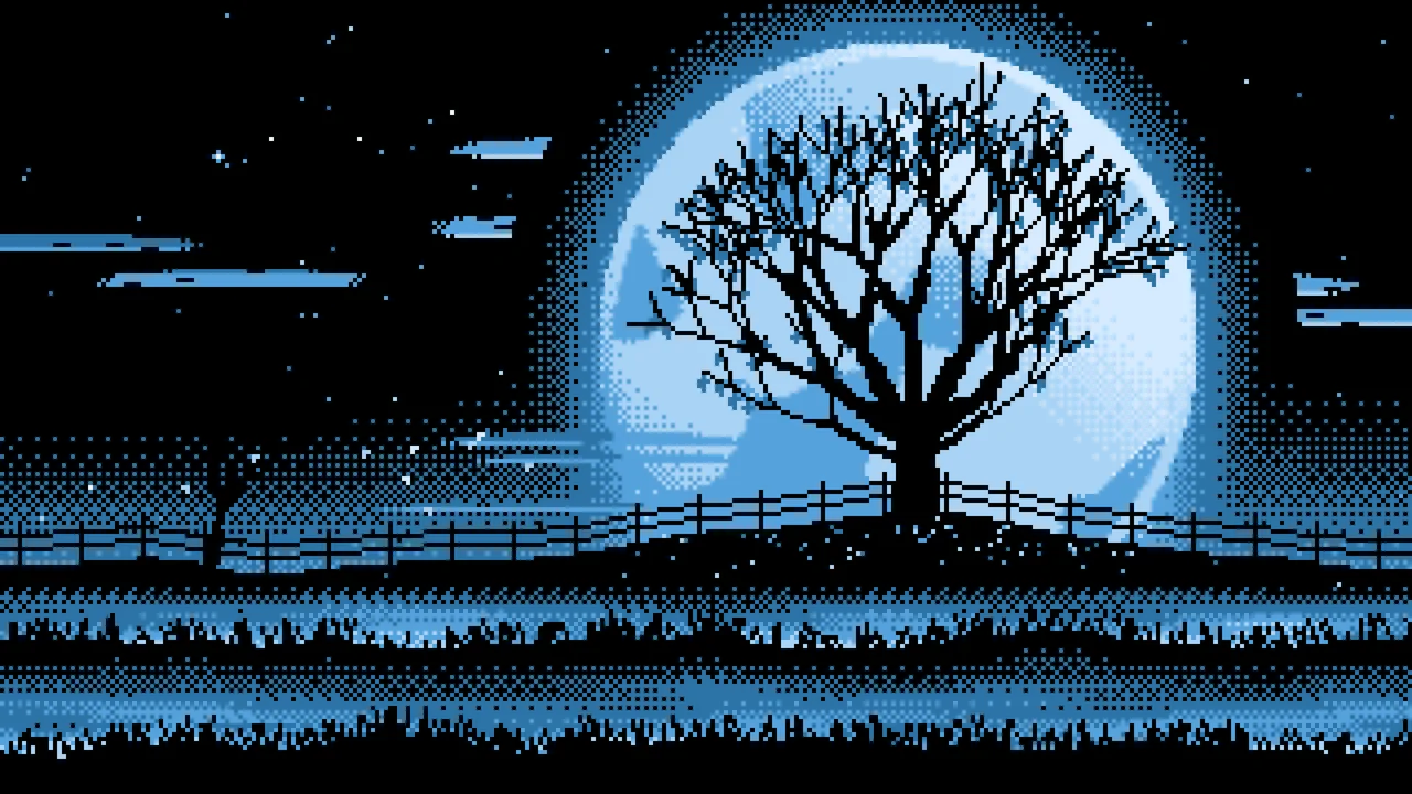 Light Blue Pixel Art Maple Tree and Harvest Moon desktop wallpaper in 4K