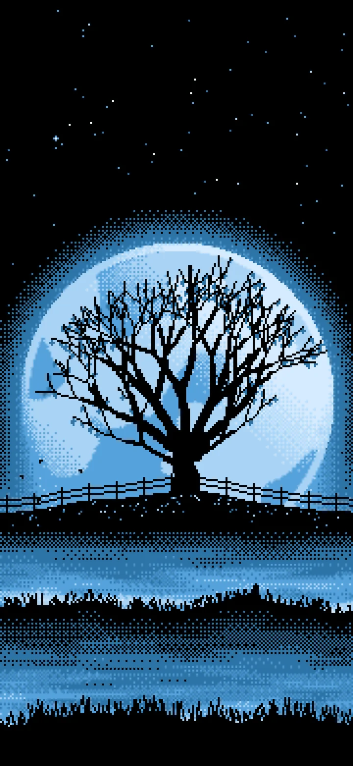 Light Blue Pixel Art Maple Tree and Harvest Moon wallpaper for iPhone and Android