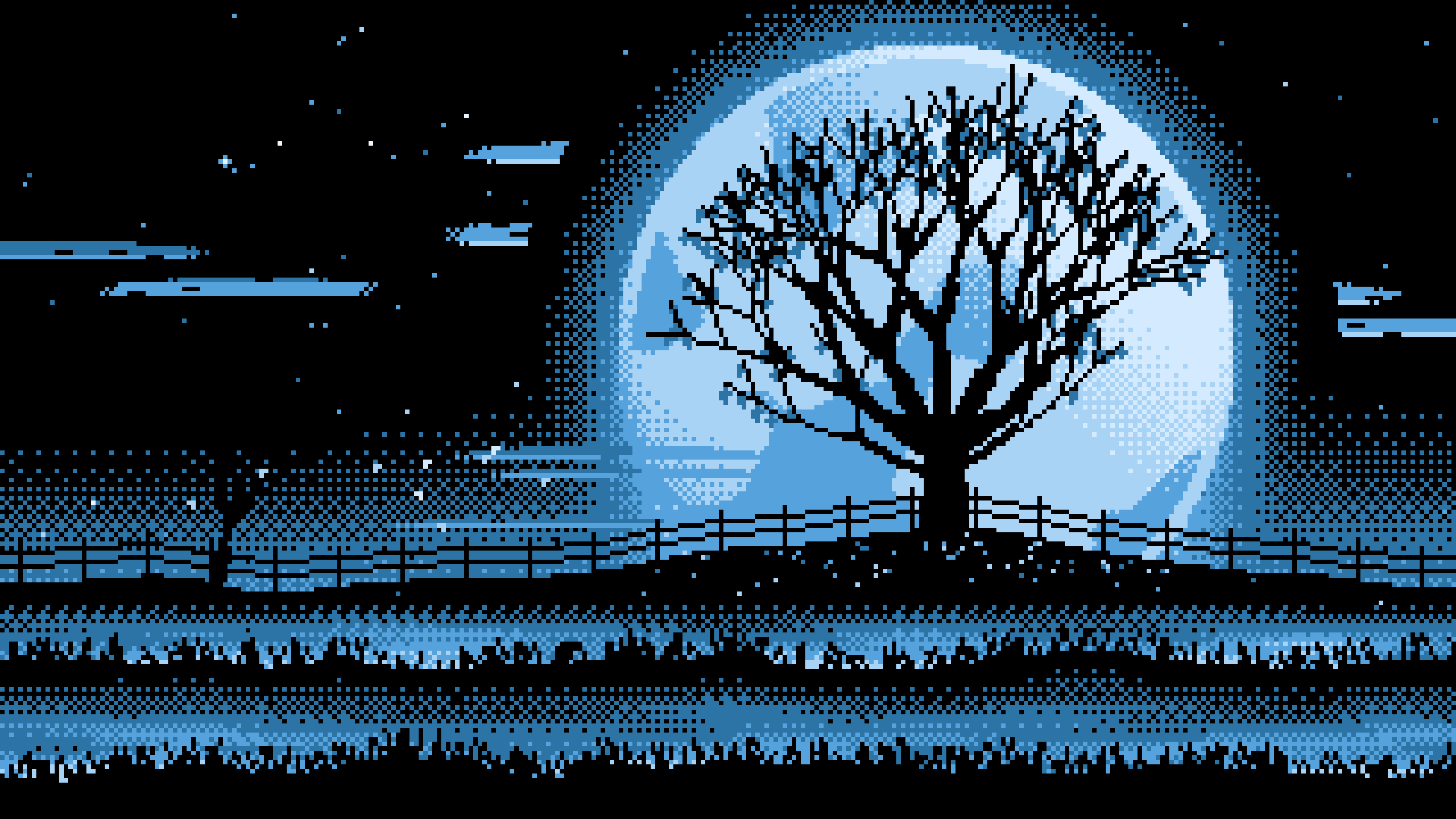 Light Blue Pixel Art Maple Tree and Harvest Moon desktop wallpaper in 4K