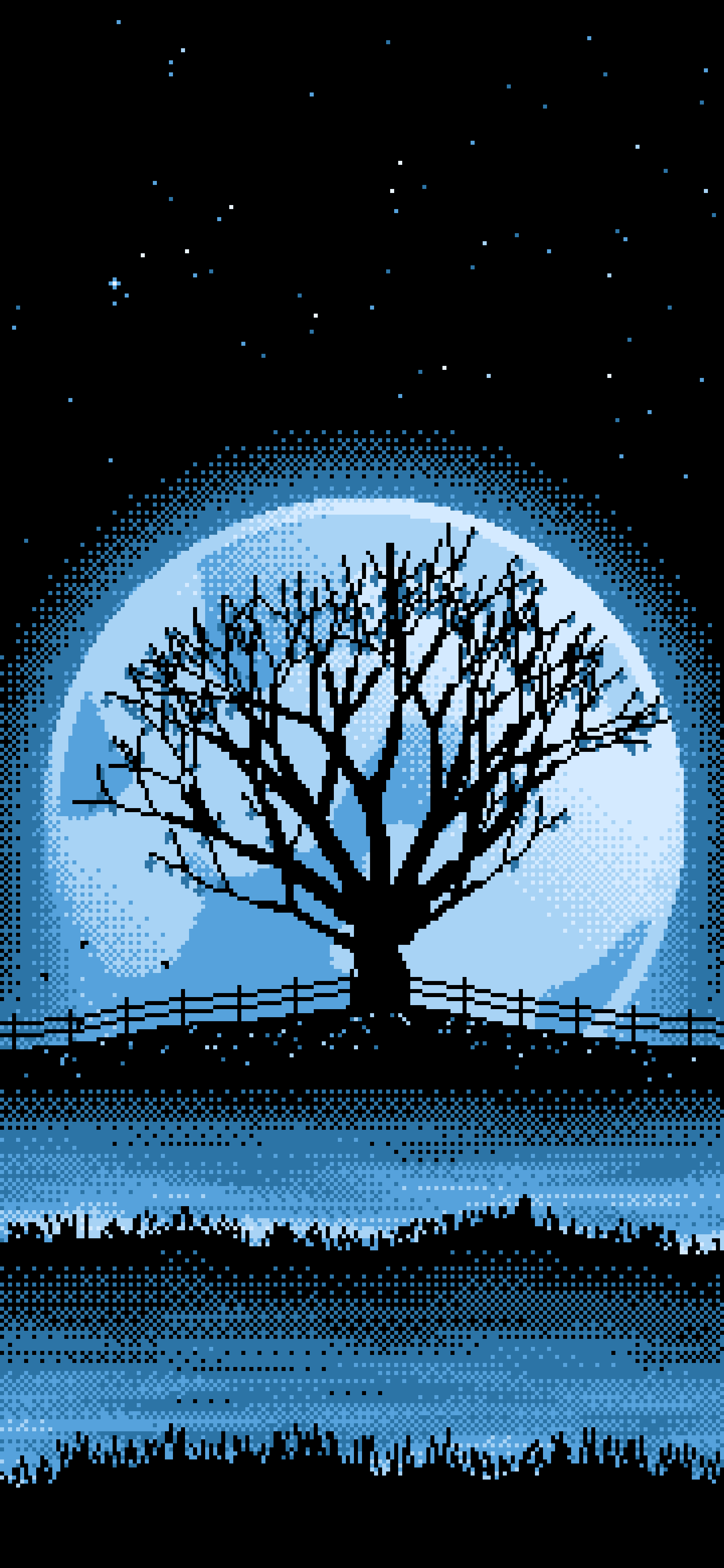 Light Blue Pixel Art Maple Tree and Harvest Moon wallpaper for iPhone and Android