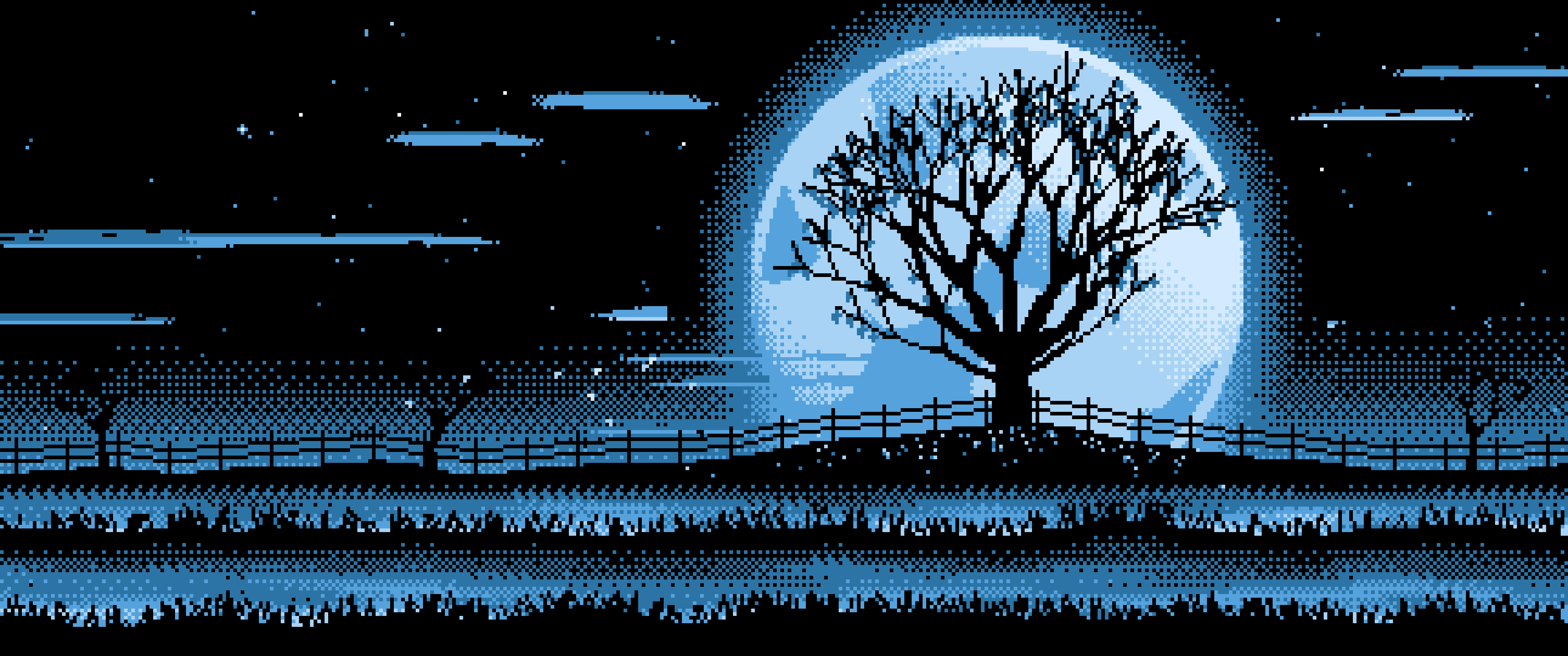 Light Blue Pixel Art Maple Tree and Harvest Moon ultrawide wallpaper, 3440 × 1440