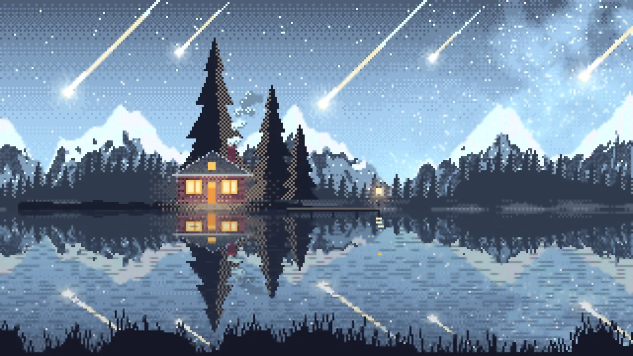 Light Blue Pixel Art Meteor Shower over a Lake desktop wallpaper in 4K