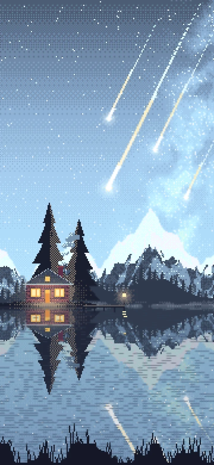 Light Blue Pixel Art Meteor Shower over a Lake wallpaper for iPhone and Android