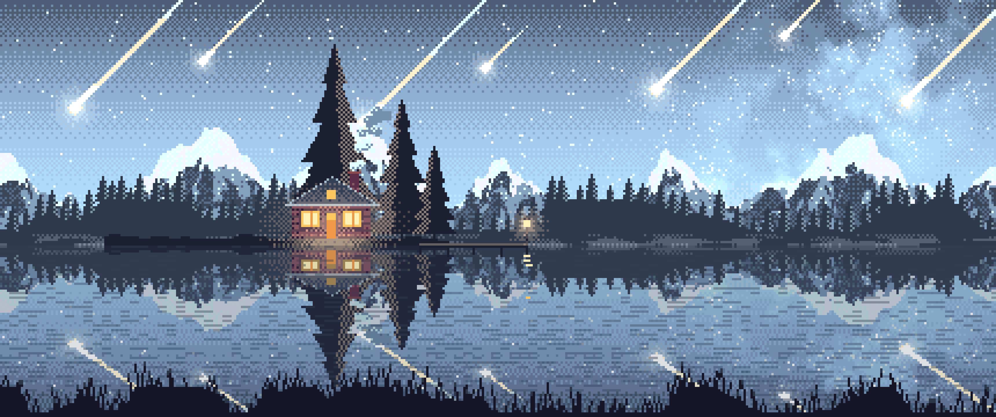 Light Blue Pixel Art Meteor Shower over a Lake ultrawide wallpaper, 3440 × 1440