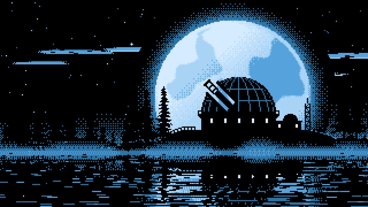 Light Blue Pixel Art Observatory and Full Moon desktop wallpaper in 4K
