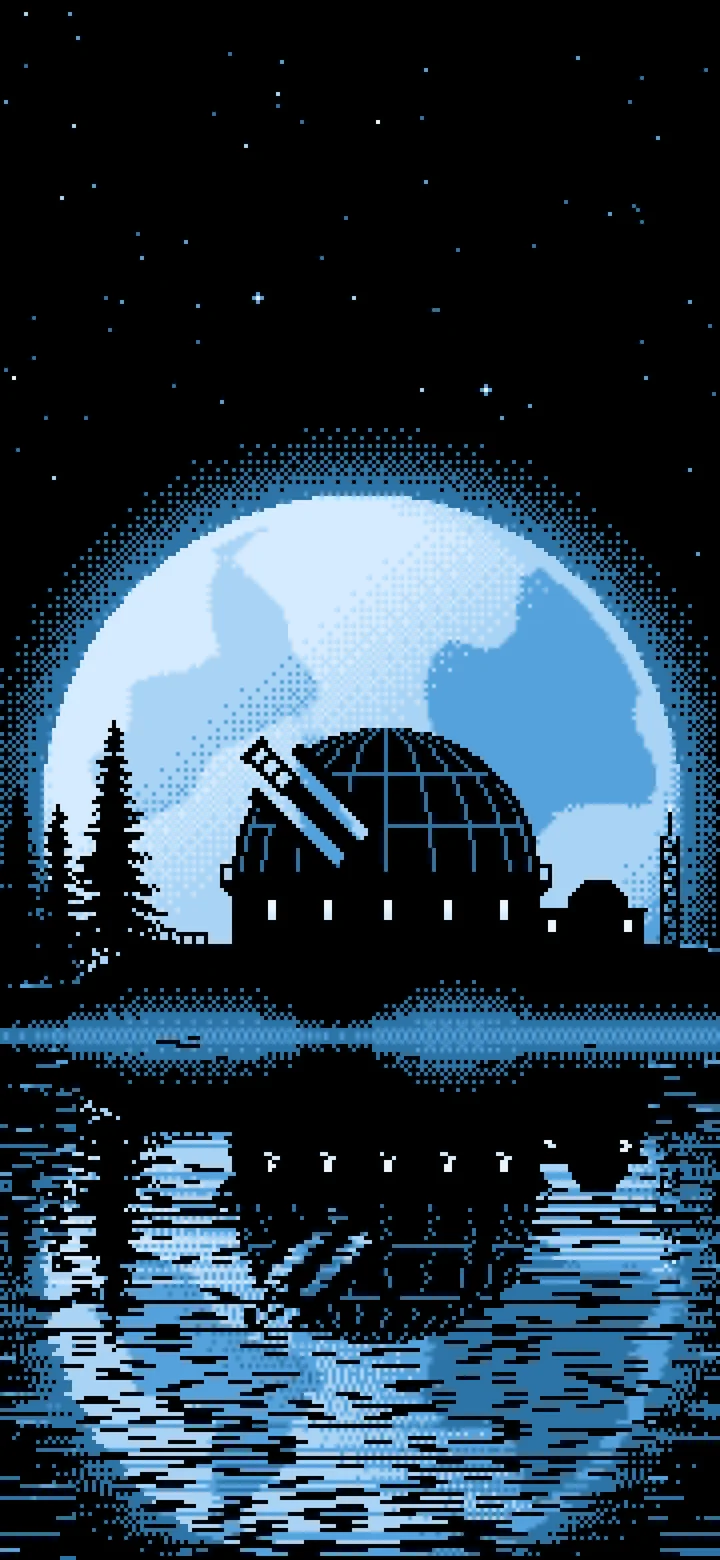 Light Blue Pixel Art Observatory and Full Moon wallpaper for iPhone and Android