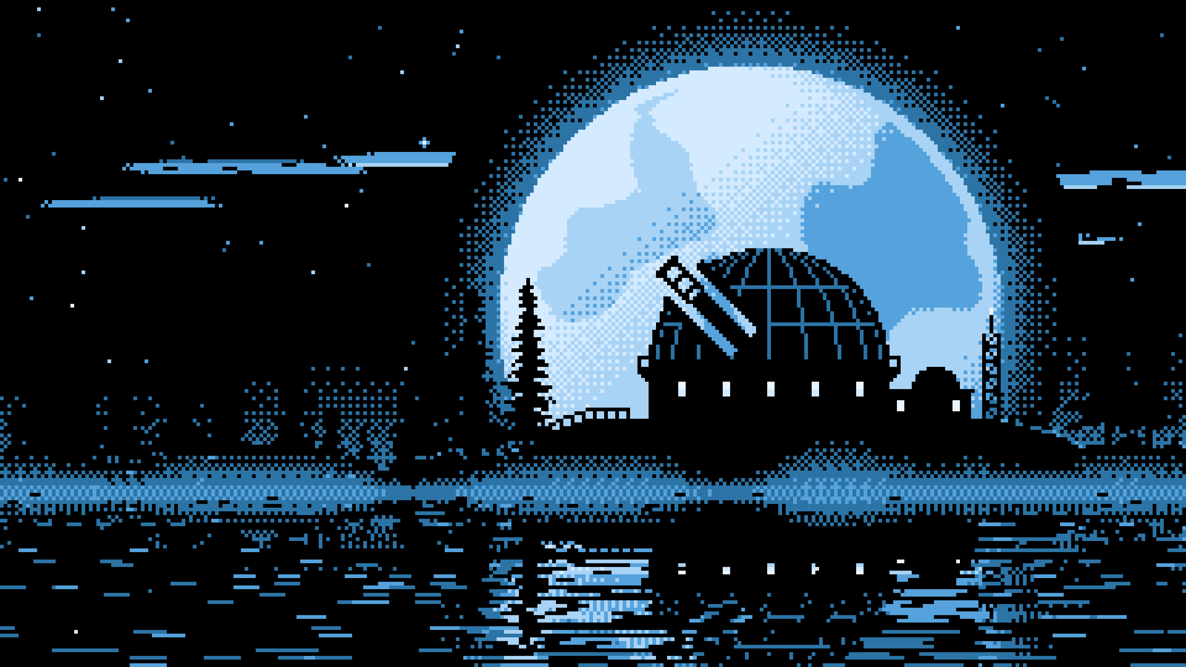 Light Blue Pixel Art Observatory and Full Moon desktop wallpaper in 4K