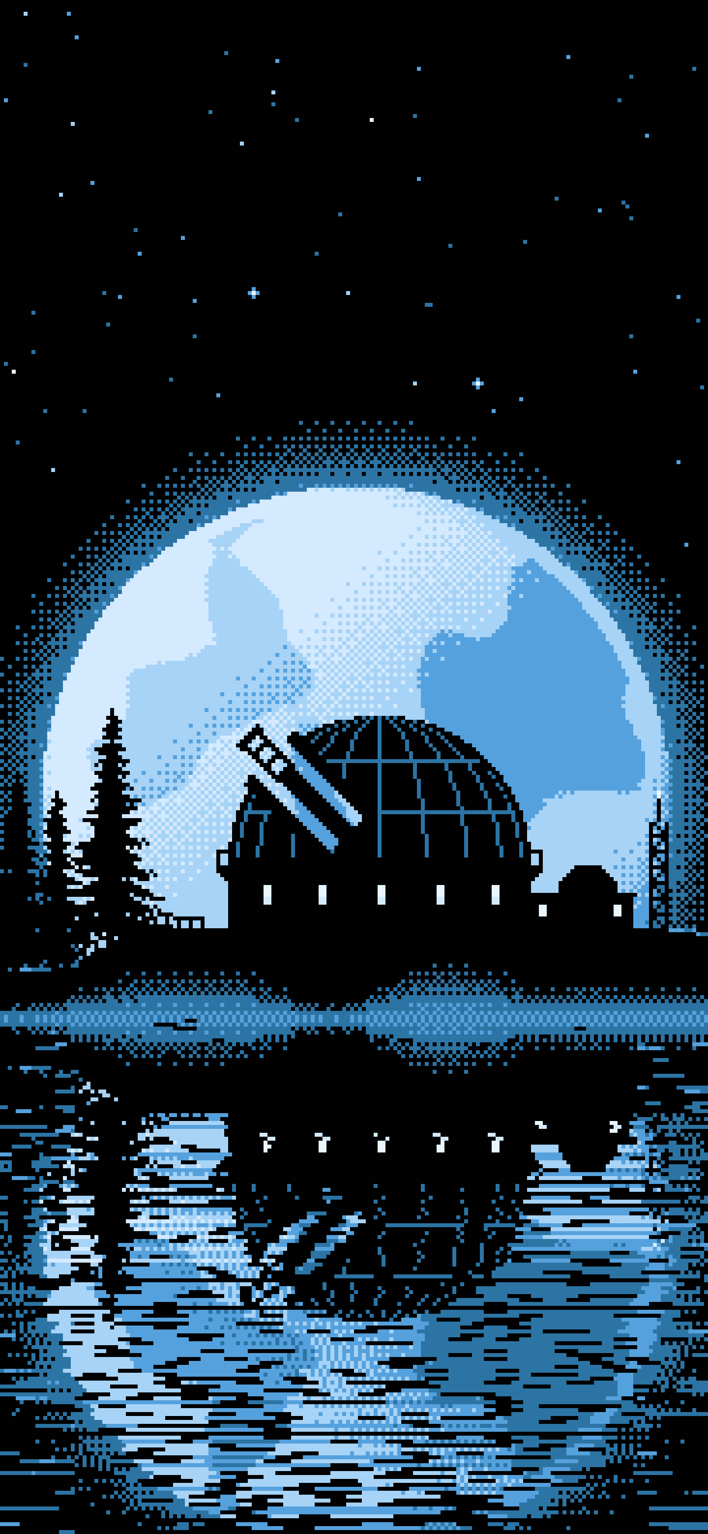 Light Blue Pixel Art Observatory and Full Moon wallpaper for iPhone and Android