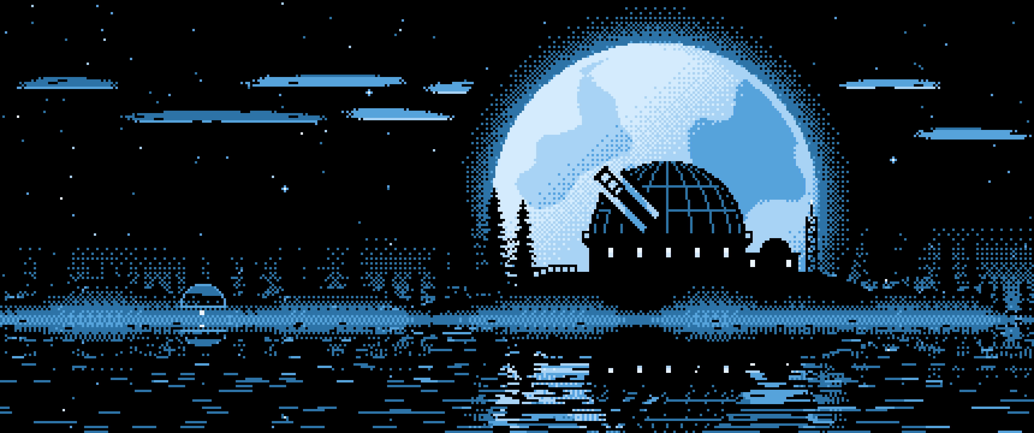Light Blue Pixel Art Observatory and Full Moon ultrawide wallpaper, 3440 × 1440