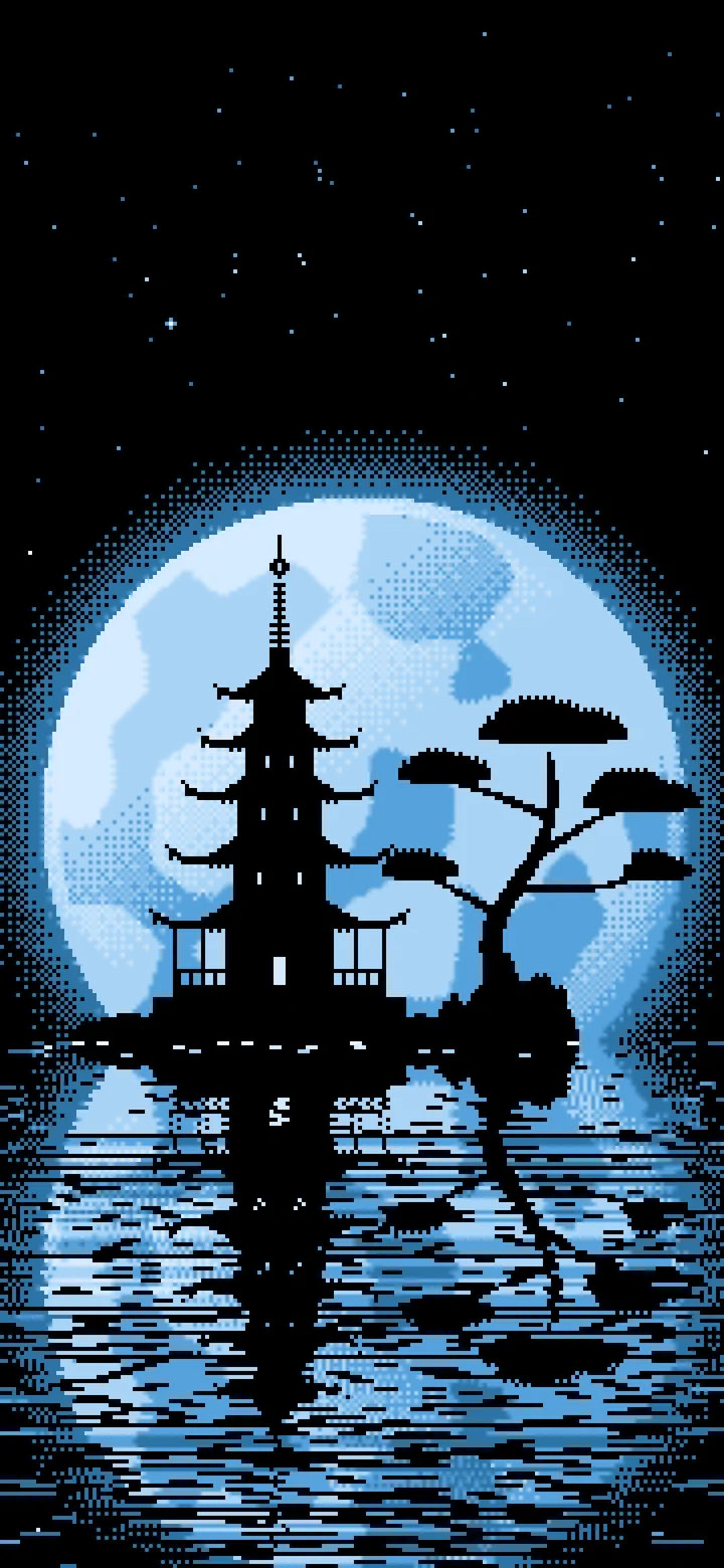 Light Blue Pixel Art Pagoda and Full Moon wallpaper for iPhone and Android