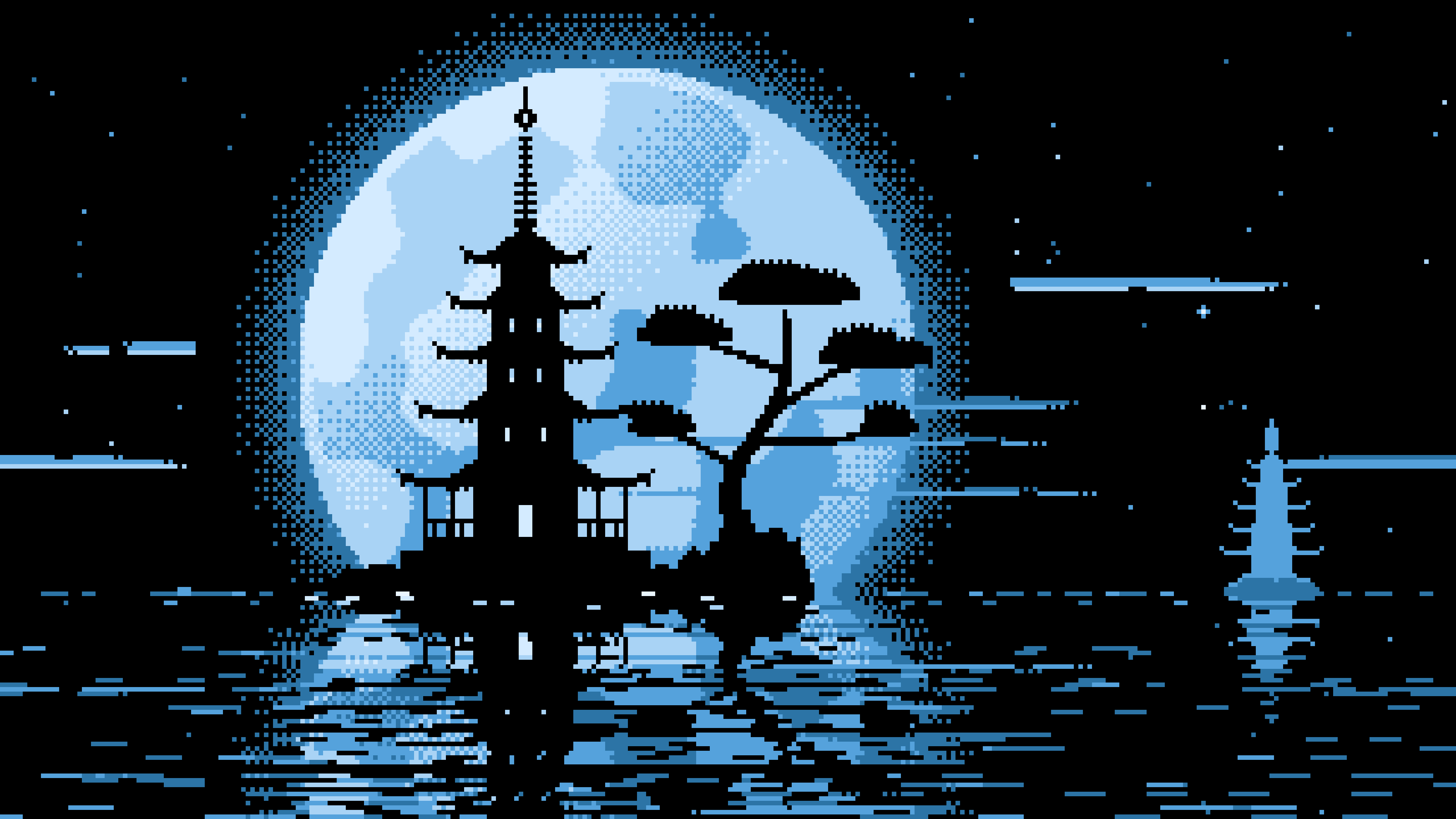 Light Blue Pixel Art Pagoda and Full Moon desktop wallpaper in 4K