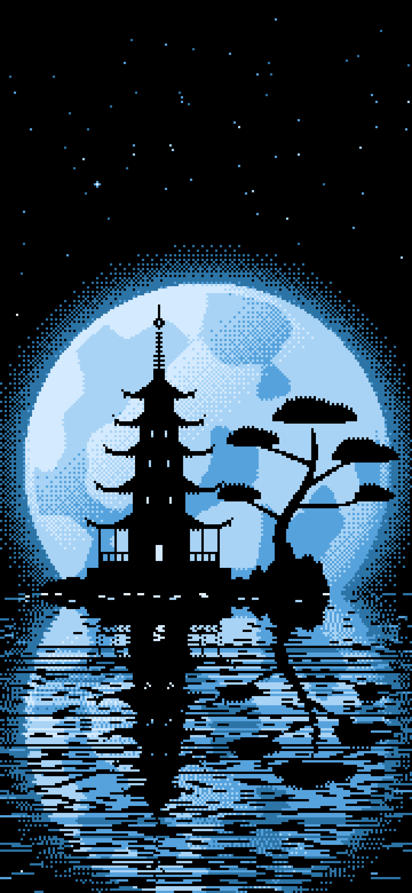Light Blue Pixel Art Pagoda and Full Moon wallpaper for iPhone and Android