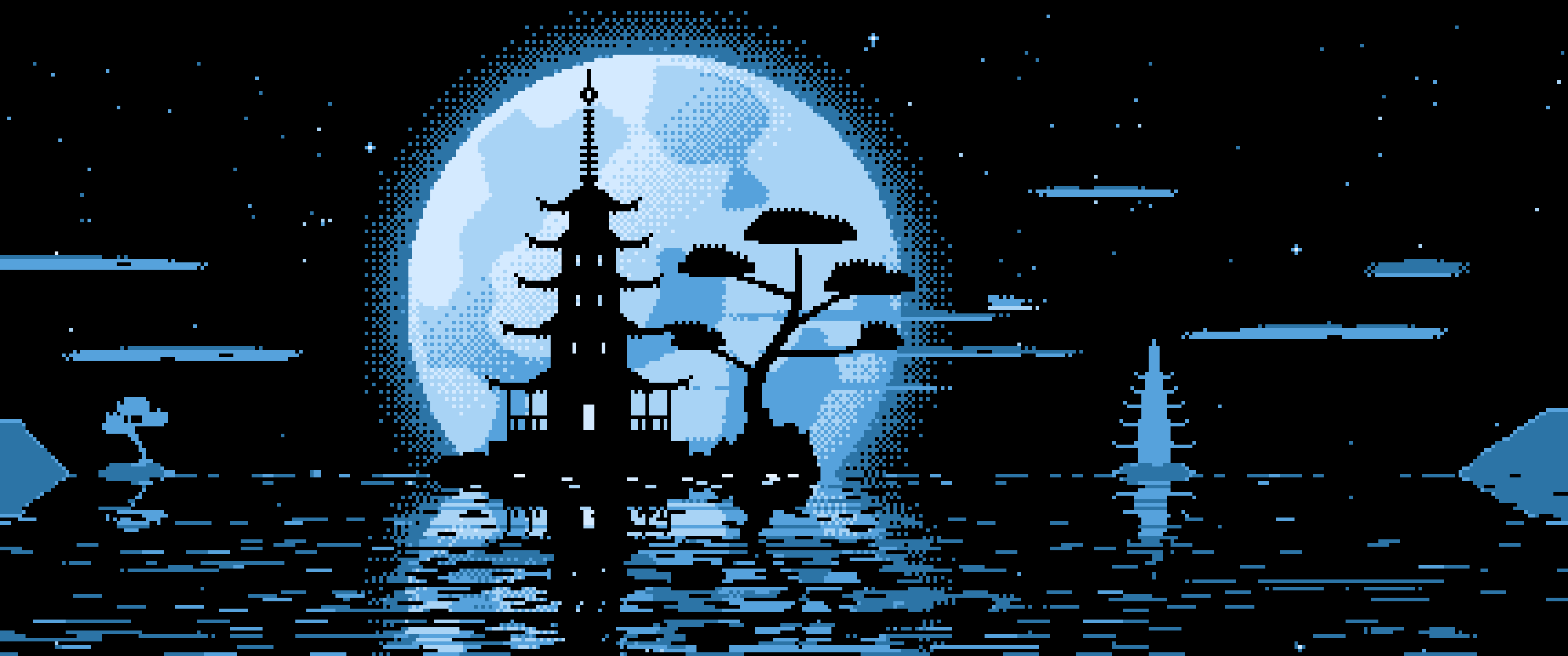 Light Blue Pixel Art Pagoda and Full Moon ultrawide wallpaper, 3440 × 1440