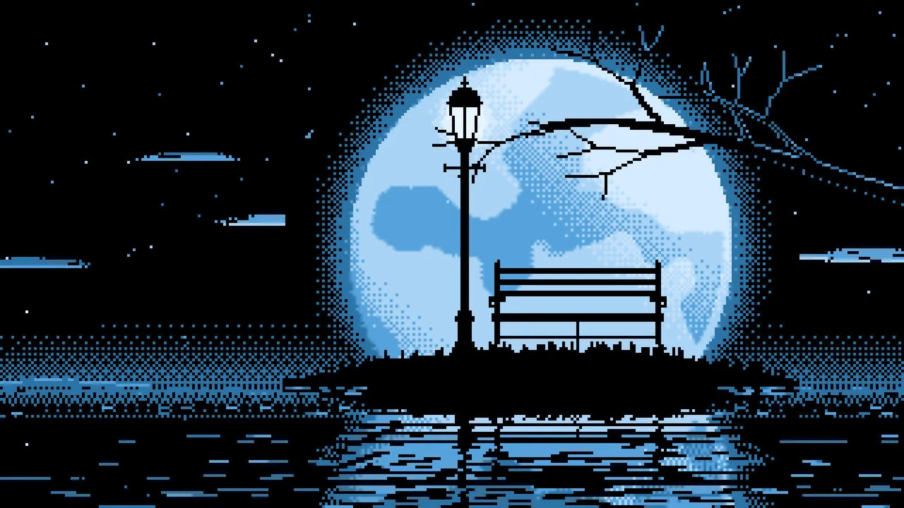 Light Blue Pixel Art Park Bench and Full Moon desktop wallpaper in 4K