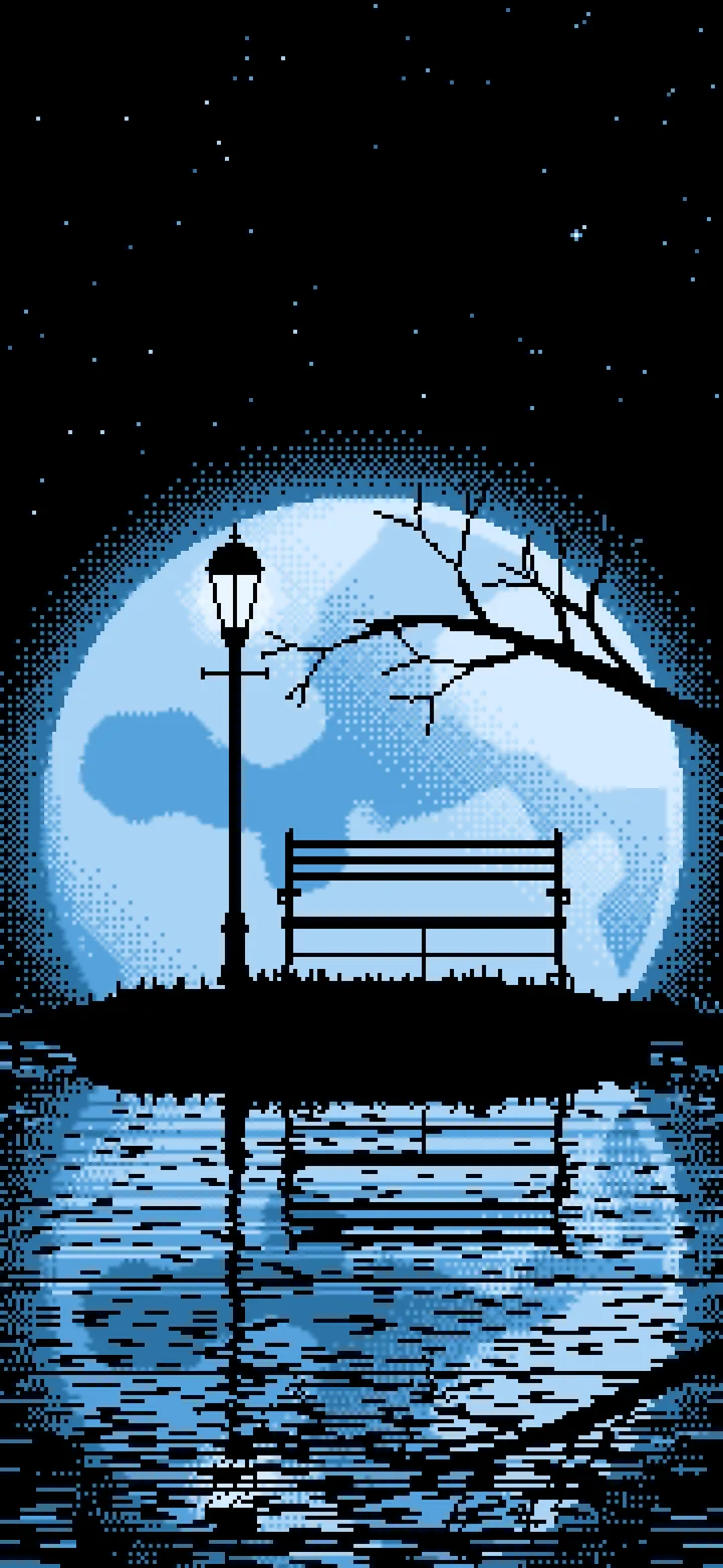 Light Blue Pixel Art Park Bench and Full Moon wallpaper for iPhone and Android