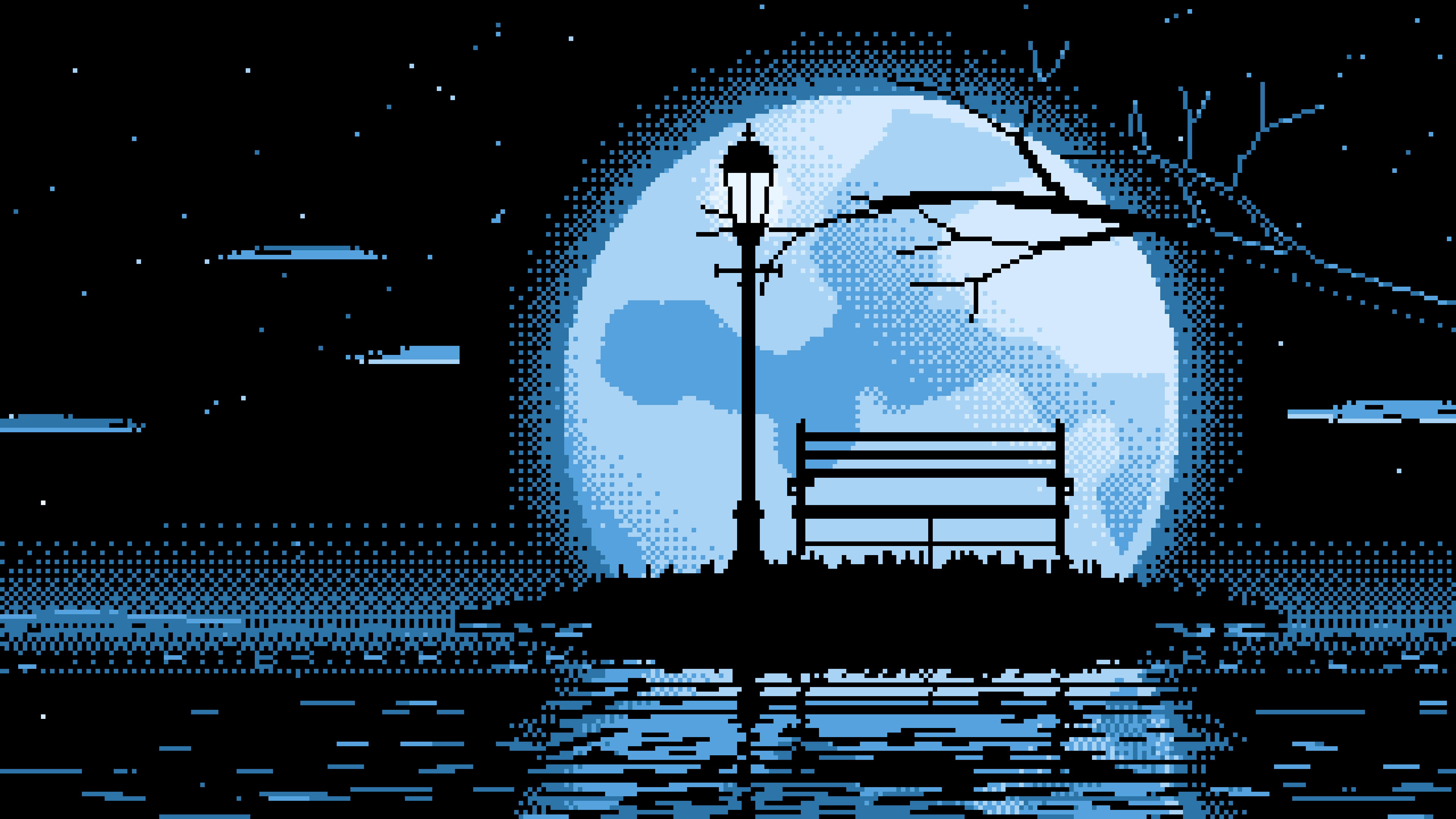 Light Blue Pixel Art Park Bench and Full Moon desktop wallpaper in 4K