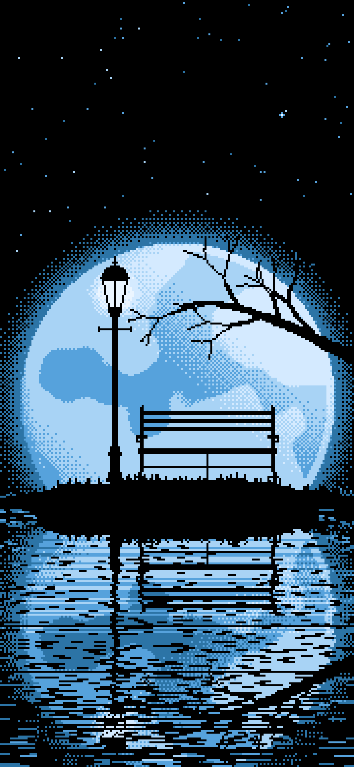 Light Blue Pixel Art Park Bench and Full Moon wallpaper for iPhone and Android