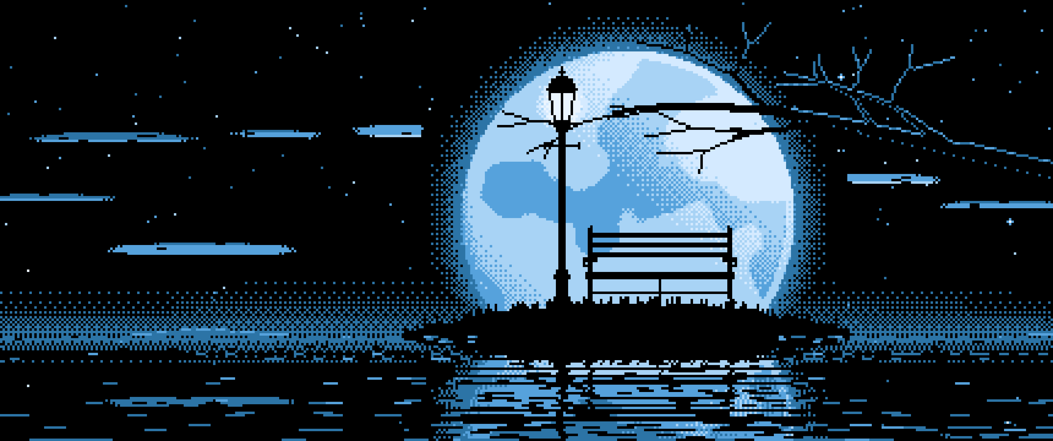 Light Blue Pixel Art Park Bench and Full Moon ultrawide wallpaper, 3440 × 1440