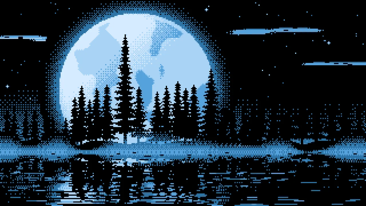 Light Blue Pixel Art Pine Trees and Full Moon desktop wallpaper in 4K