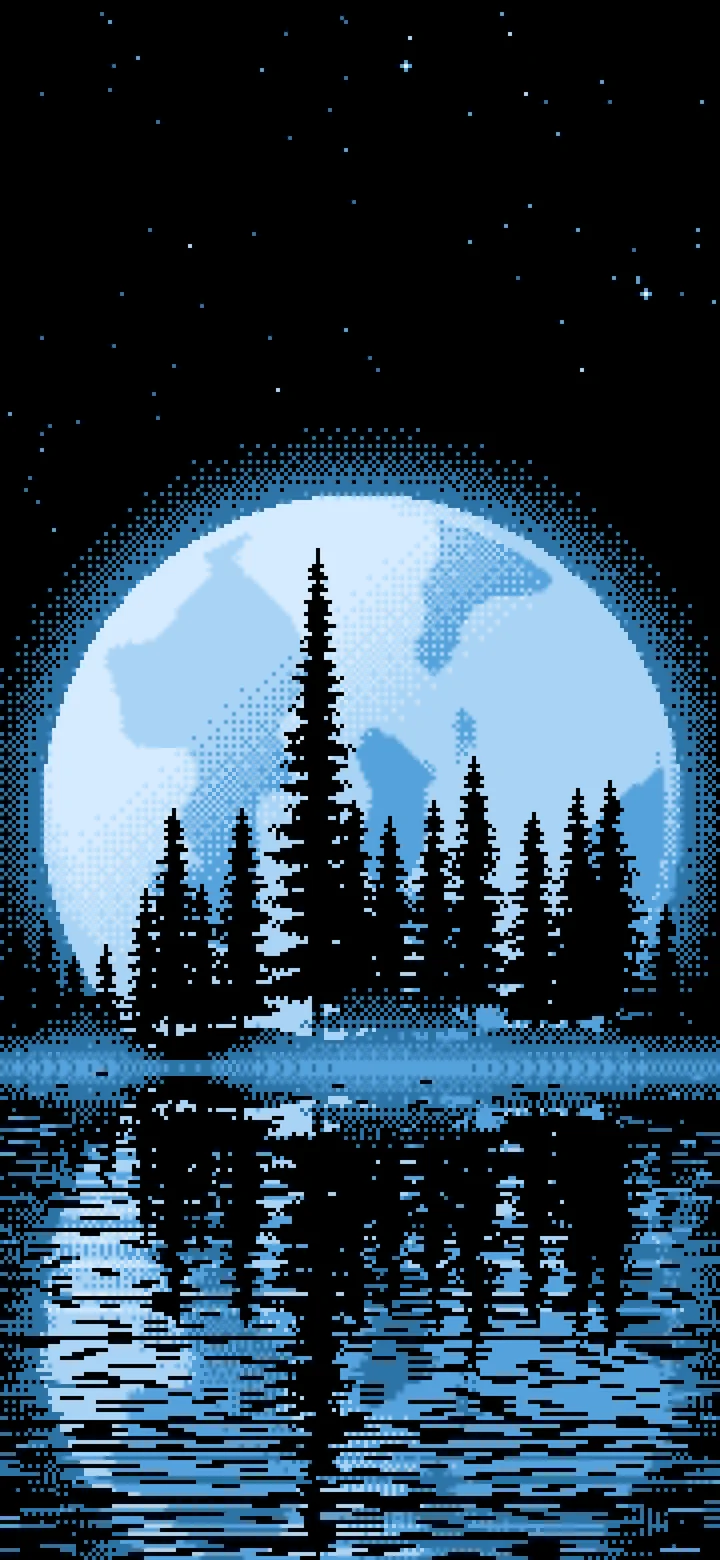 Light Blue Pixel Art Pine Trees and Full Moon wallpaper for iPhone and Android