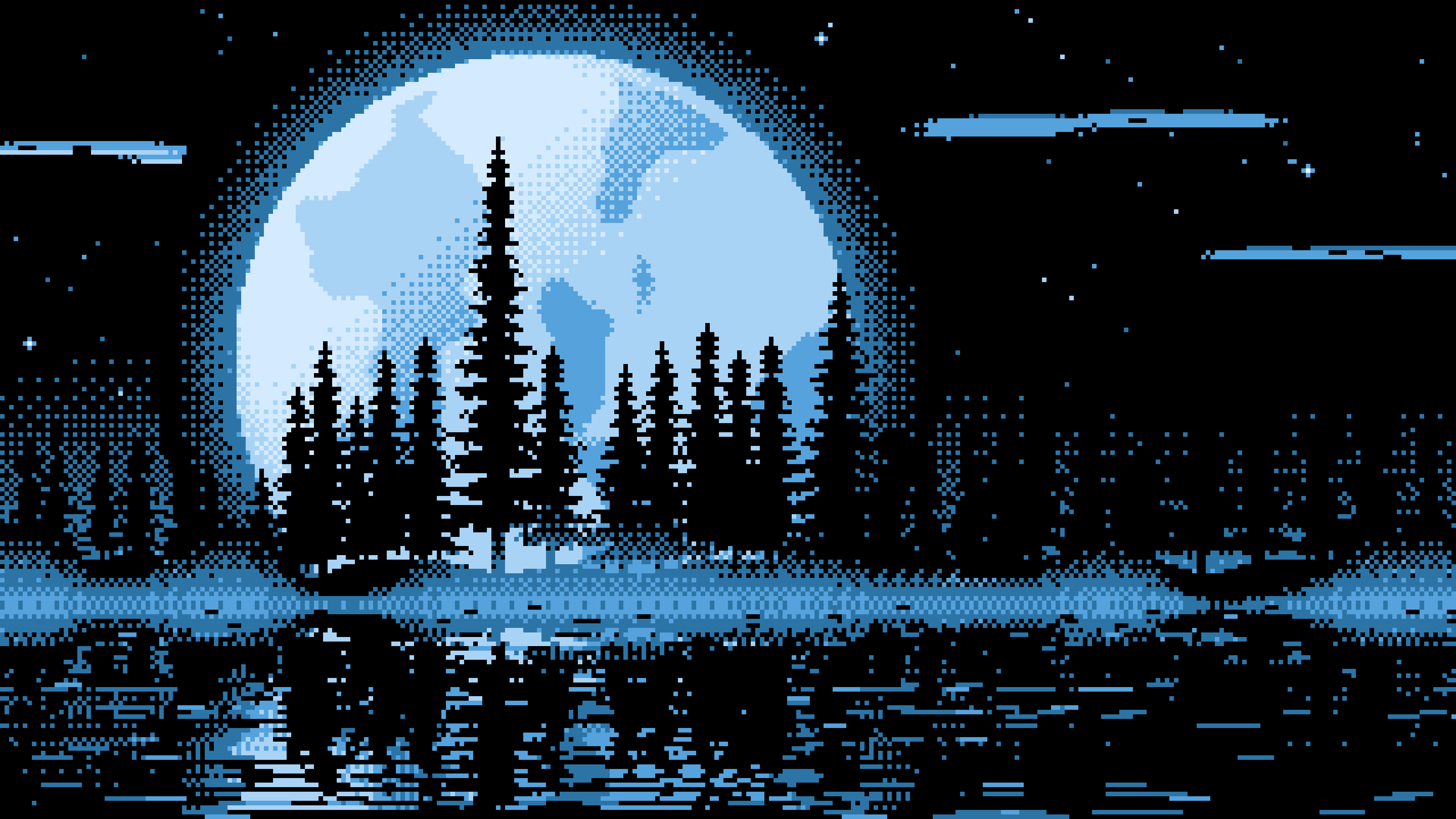 Light Blue Pixel Art Pine Trees and Full Moon desktop wallpaper in 4K
