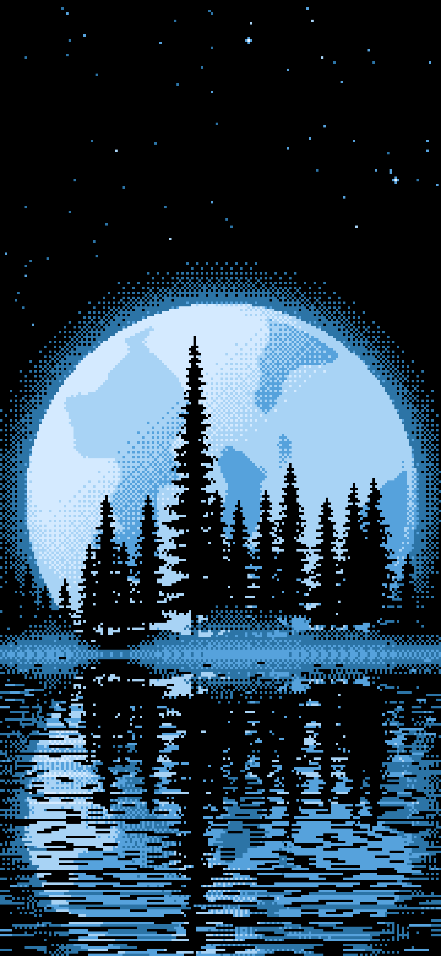 Light Blue Pixel Art Pine Trees and Full Moon wallpaper for iPhone and Android