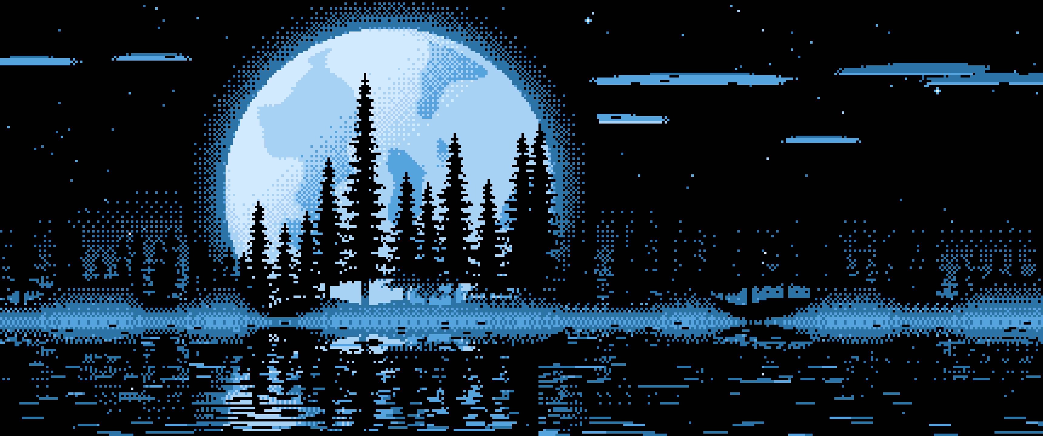 Light Blue Pixel Art Pine Trees and Full Moon ultrawide wallpaper, 3440 × 1440