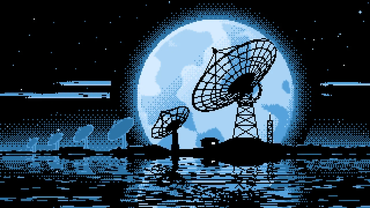 Light Blue Pixel Art Radio Telescope and Full Moon desktop wallpaper in 4K