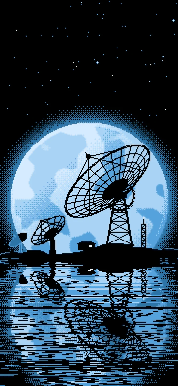 Light Blue Pixel Art Radio Telescope and Full Moon wallpaper for iPhone and Android