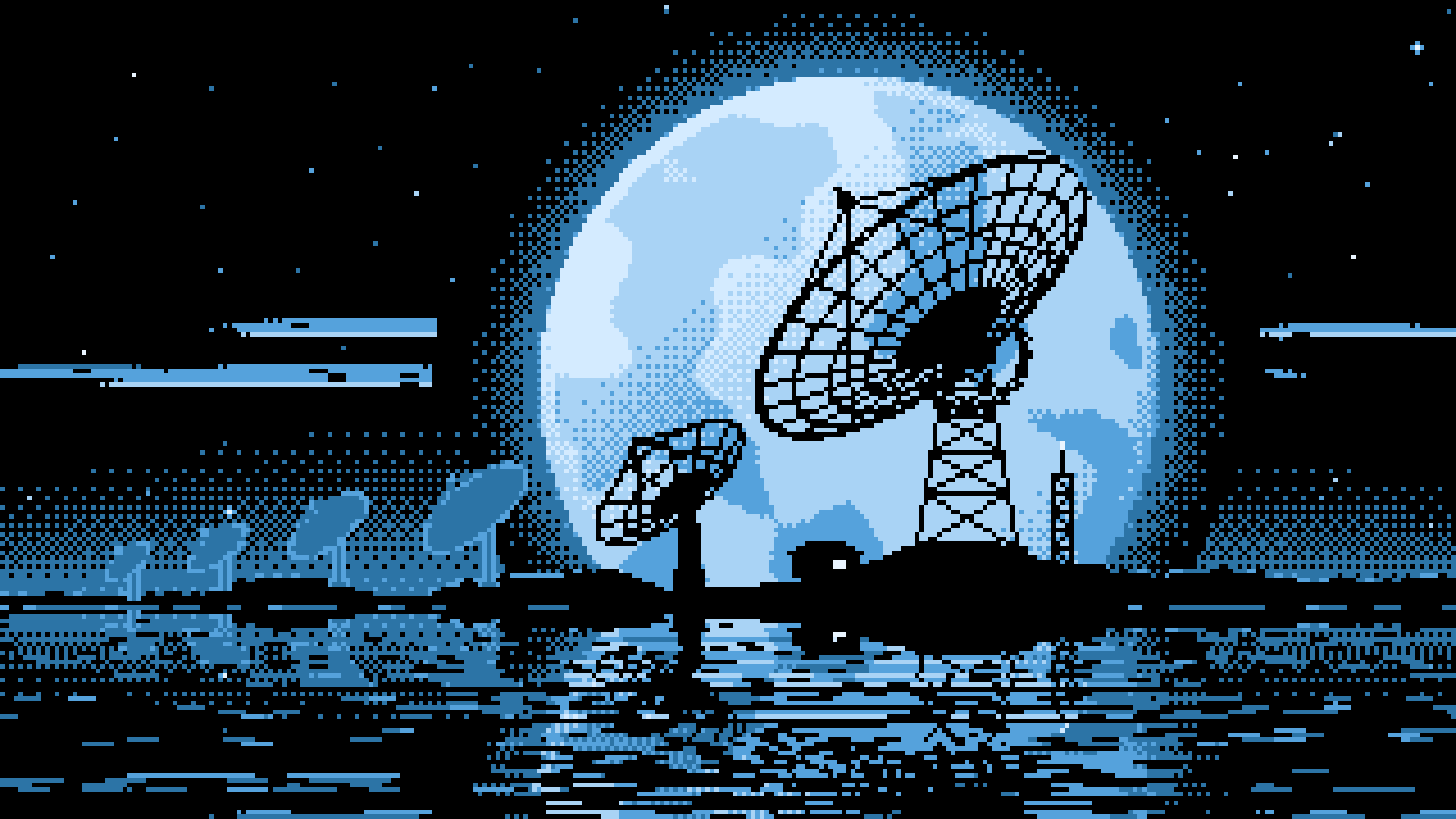 Light Blue Pixel Art Radio Telescope and Full Moon desktop wallpaper in 4K