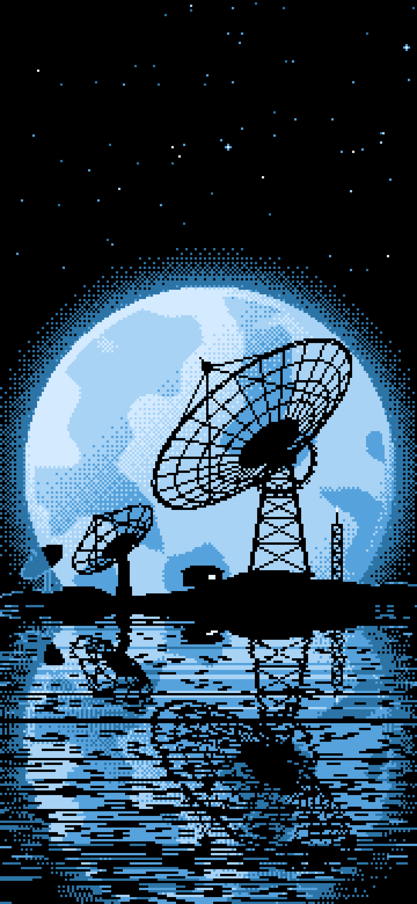 Light Blue Pixel Art Radio Telescope and Full Moon wallpaper for iPhone and Android