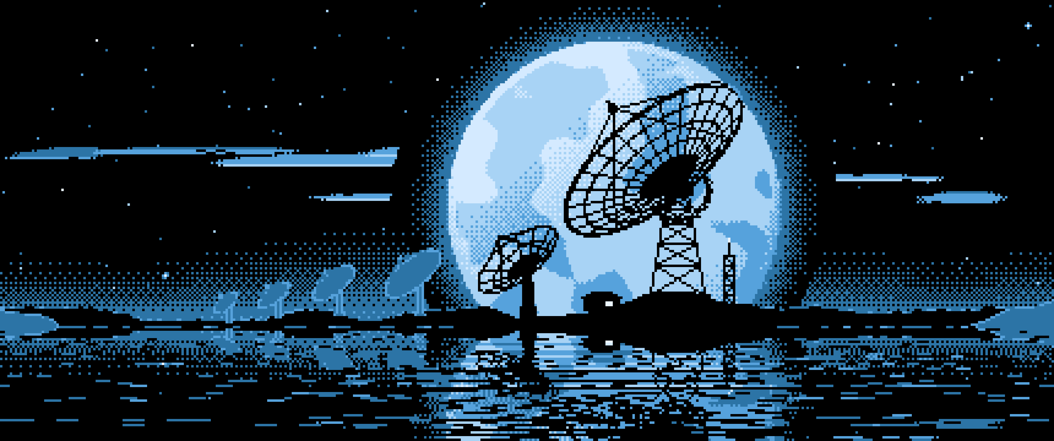 Light Blue Pixel Art Radio Telescope and Full Moon ultrawide wallpaper, 3440 × 1440