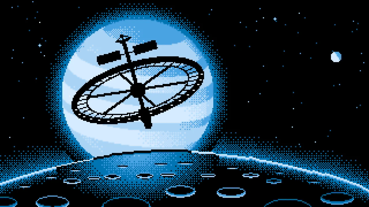 Light Blue Pixel Art Ring Space Station and Planet desktop wallpaper in 4K