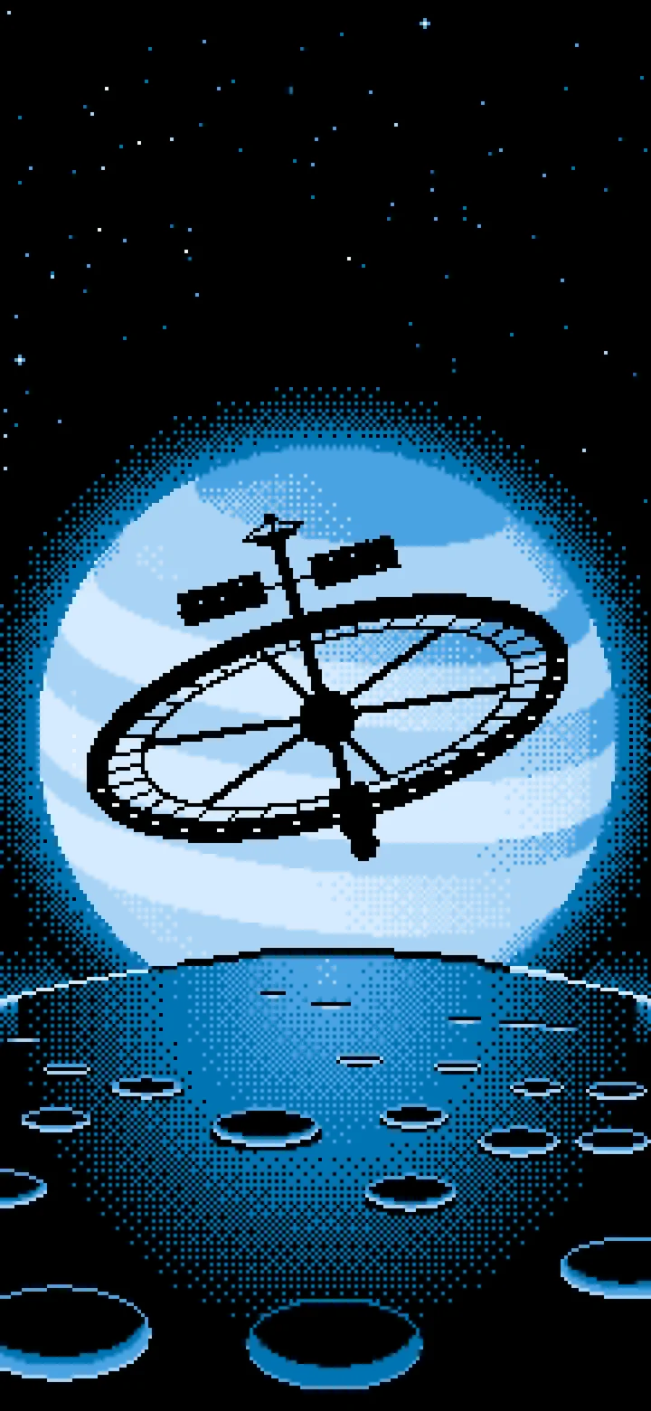Light Blue Pixel Art Ring Space Station and Planet wallpaper for iPhone and Android