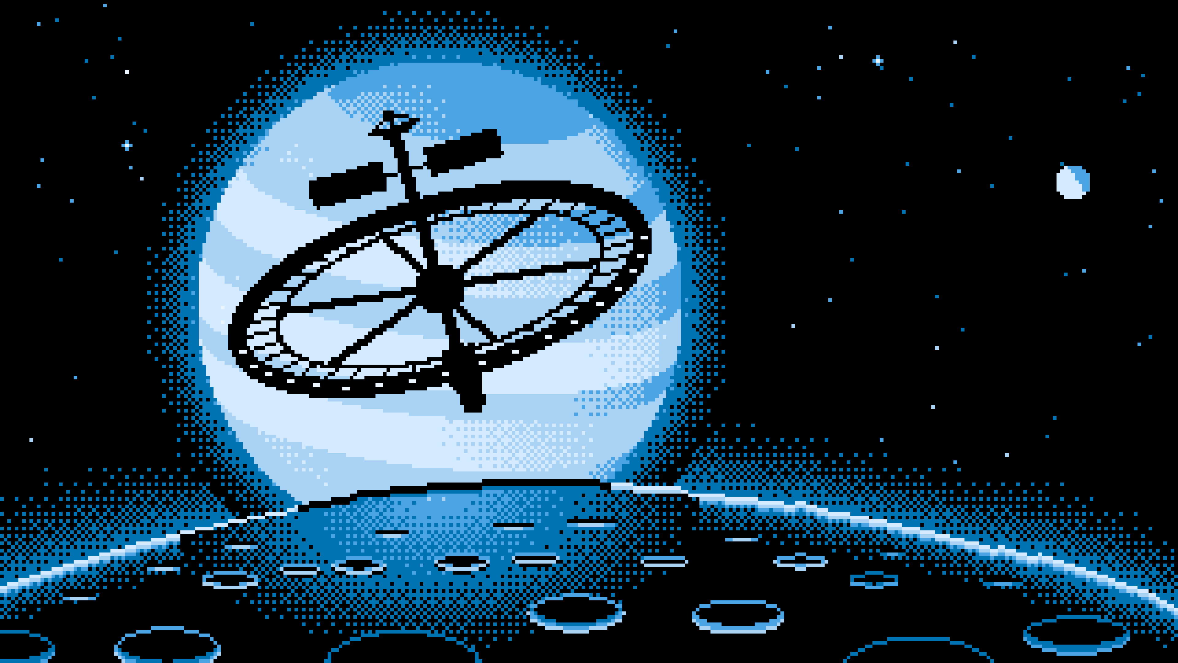 Light Blue Pixel Art Ring Space Station and Planet desktop wallpaper in 4K