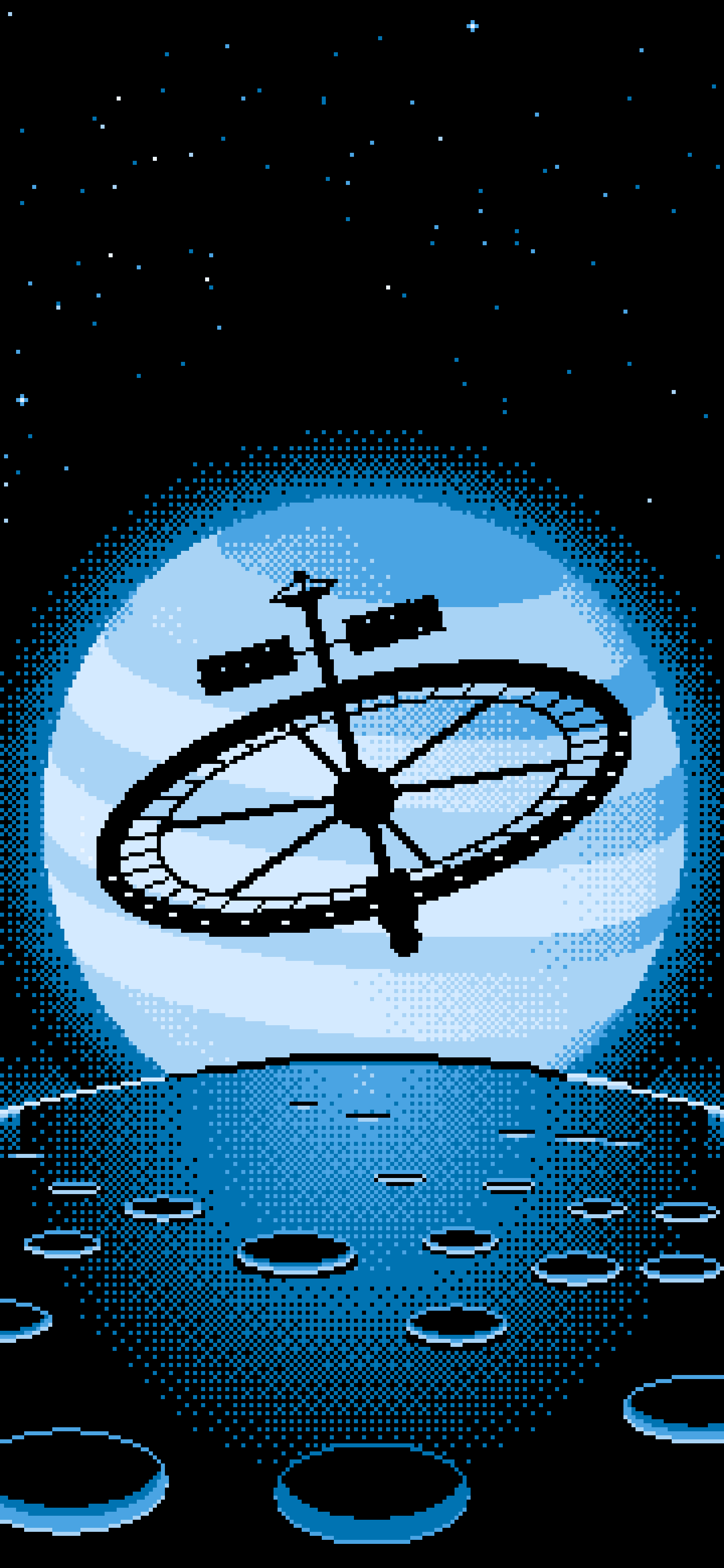 Light Blue Pixel Art Ring Space Station and Planet wallpaper for iPhone and Android